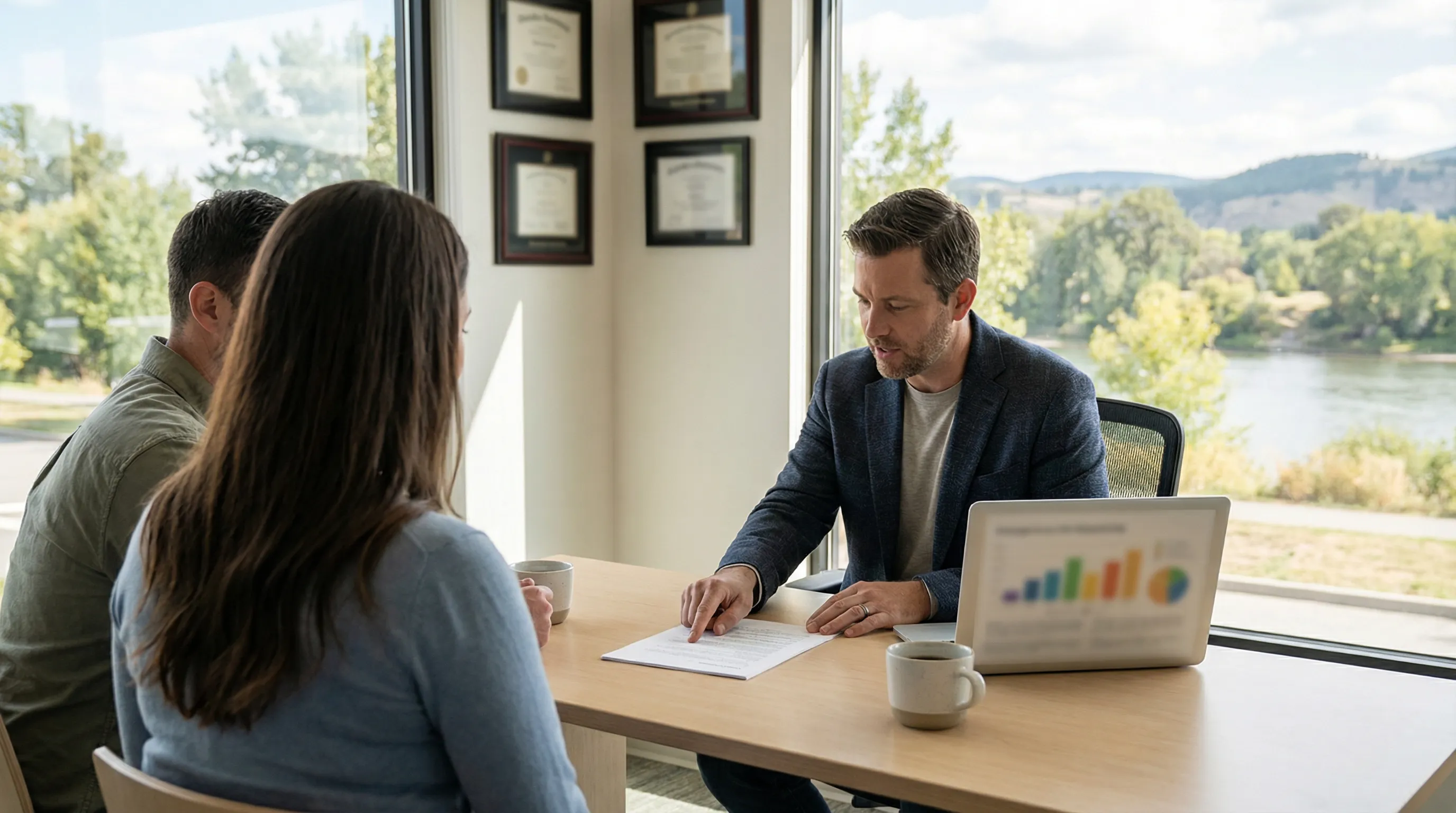 Financial advisor reviewing retirement plan documents with a couple in a modern Columbus, GA office with Synovus tower visible in window background