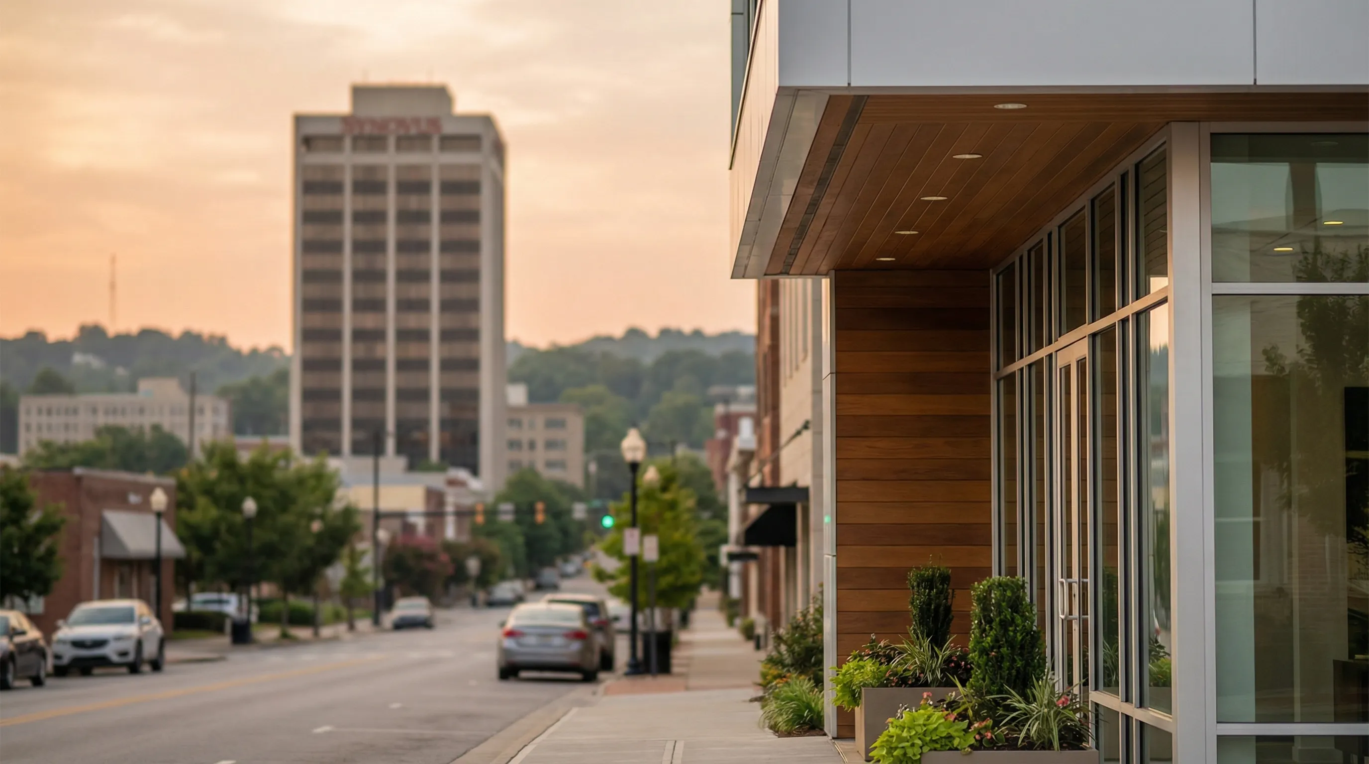 Financial advisor reviewing retirement plan documents with a couple in a modern Columbus, GA office with Synovus tower visible in window background