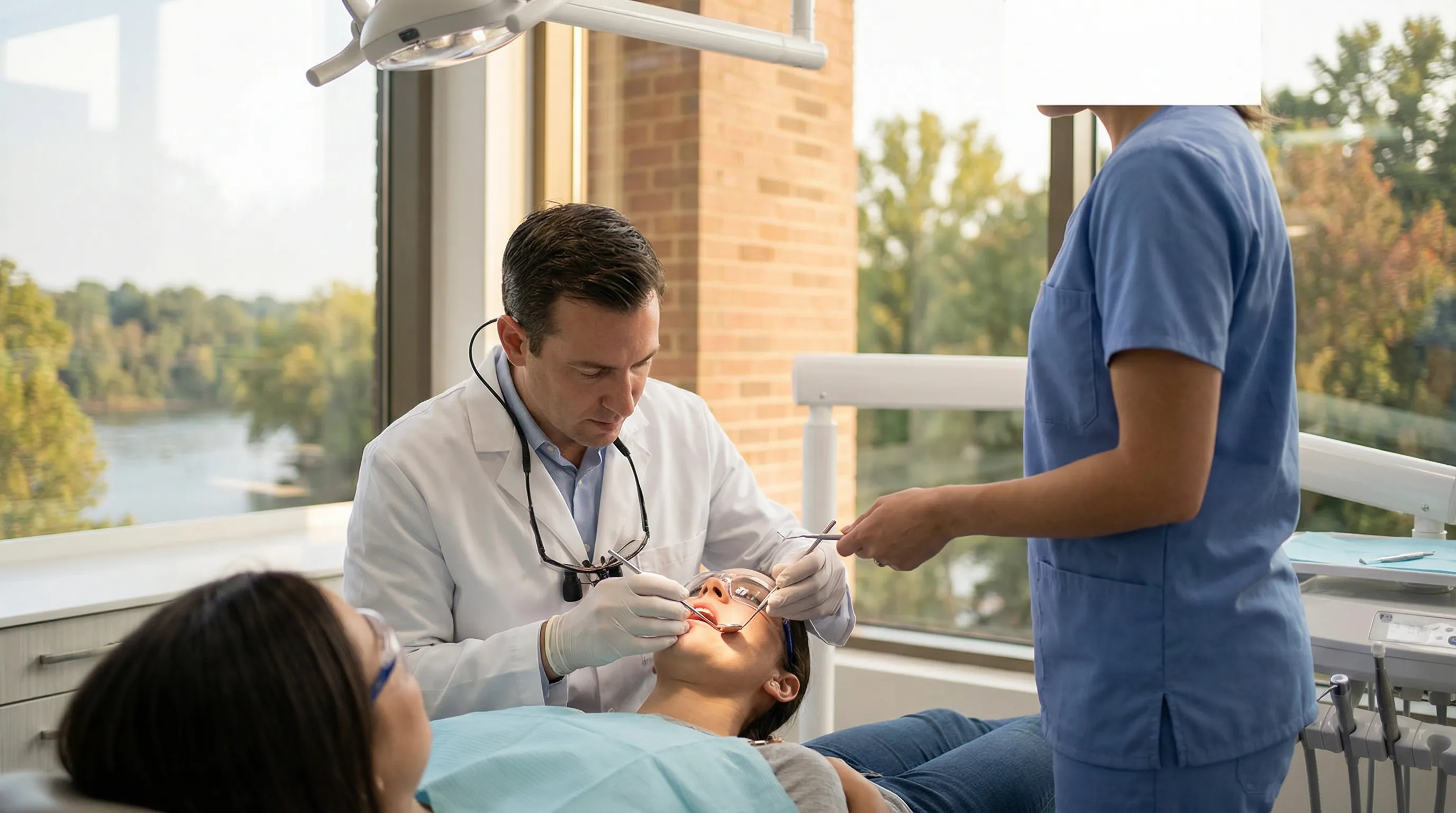 Columbus, GA dentist in white coat reviewing digital X-ray with patient in modern dental operatory chair