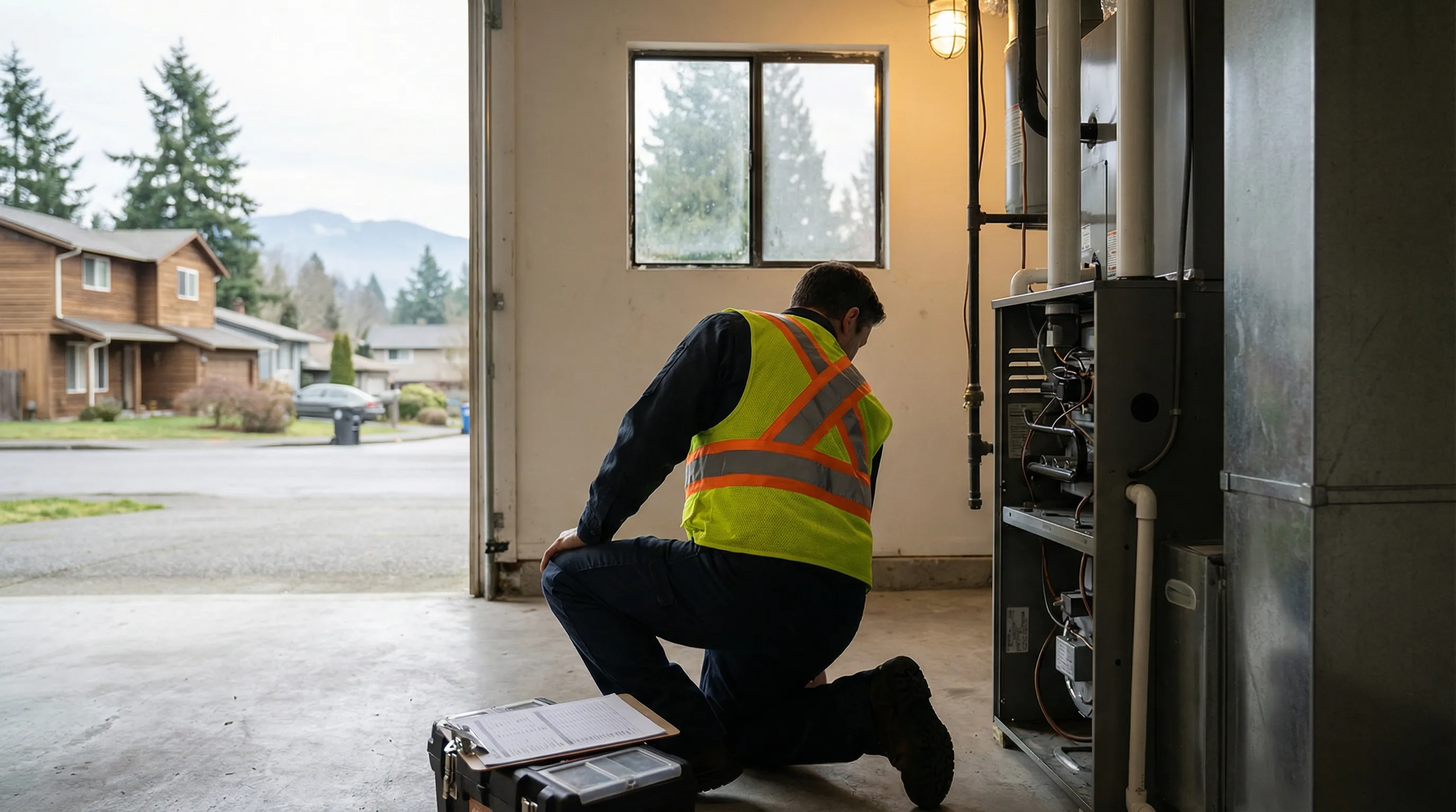 Professional HVAC technician servicing a heat pump unit at a craftsman-style home in Vancouver, WA