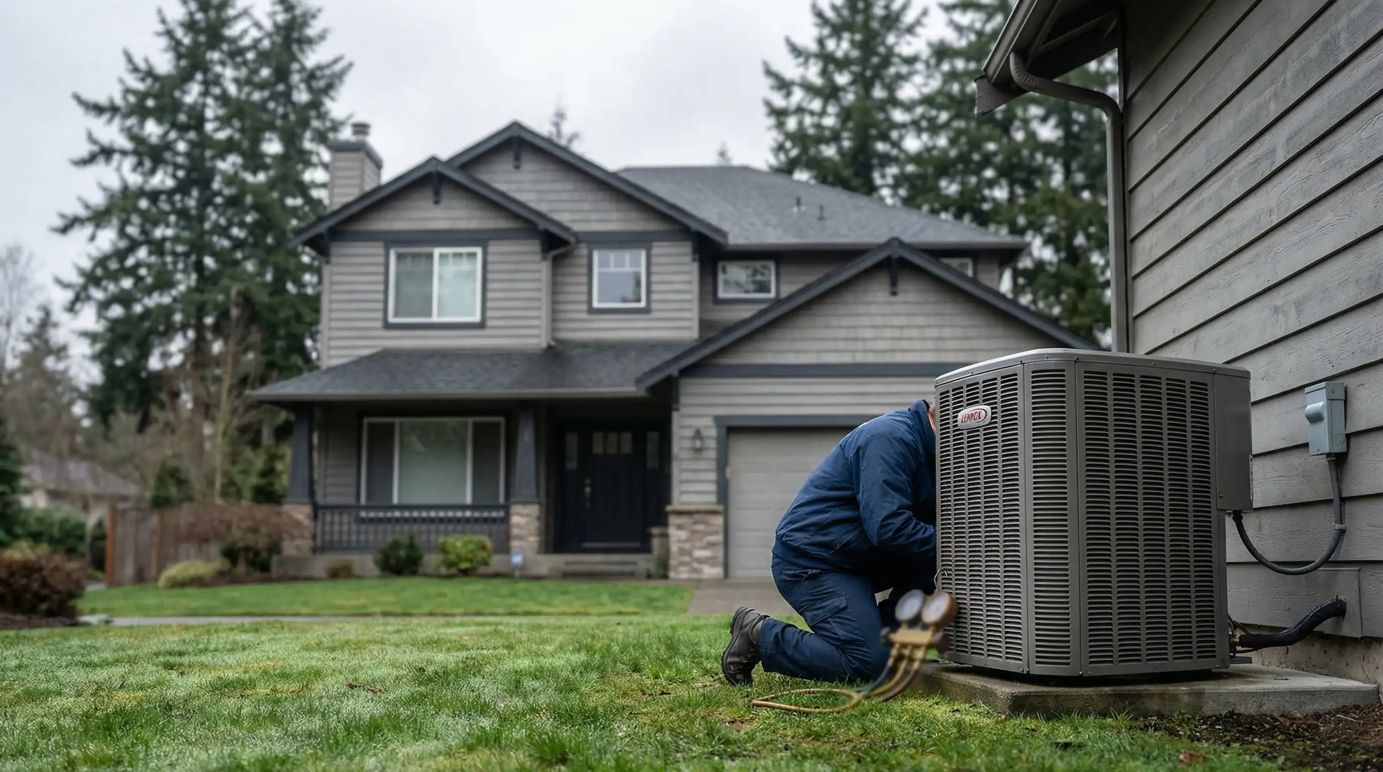 Professional HVAC technician servicing a heat pump unit at a craftsman-style home in Vancouver, WA