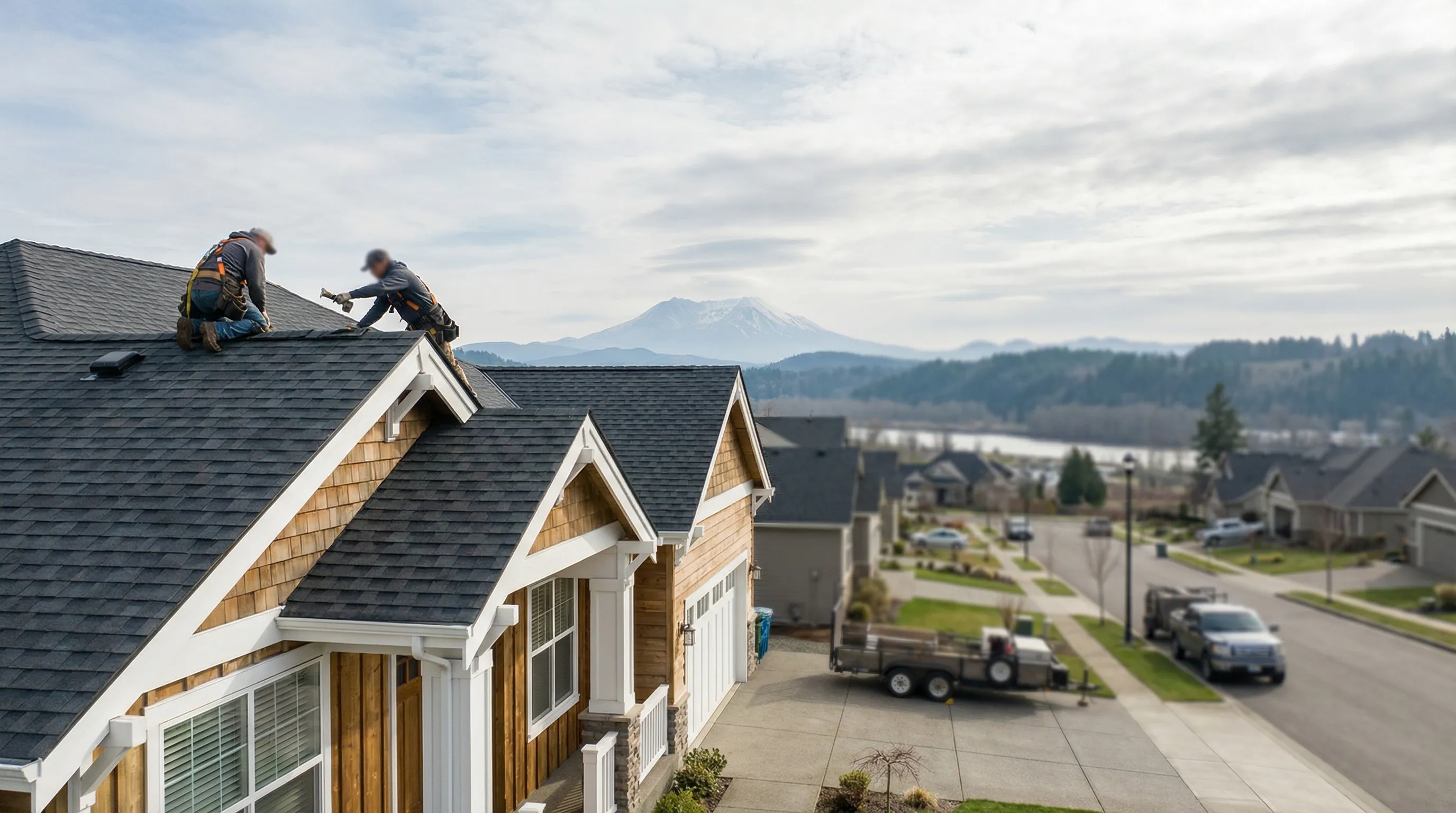 Roofing crew installing architectural shingles on a craftsman home in Vancouver, WA on a Pacific Northwest day