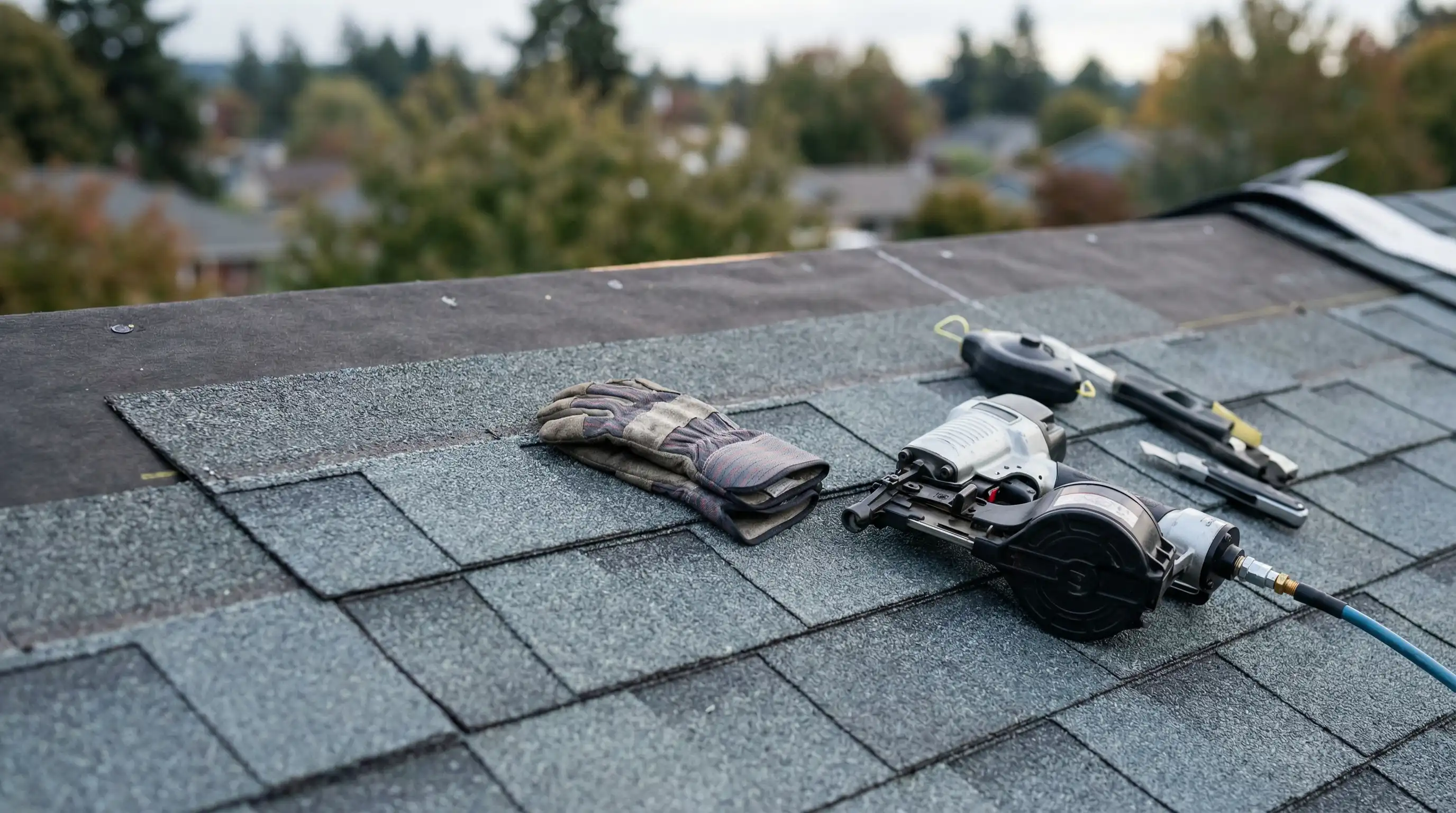 Roofing crew installing architectural shingles on a craftsman home in Vancouver, WA on a Pacific Northwest day