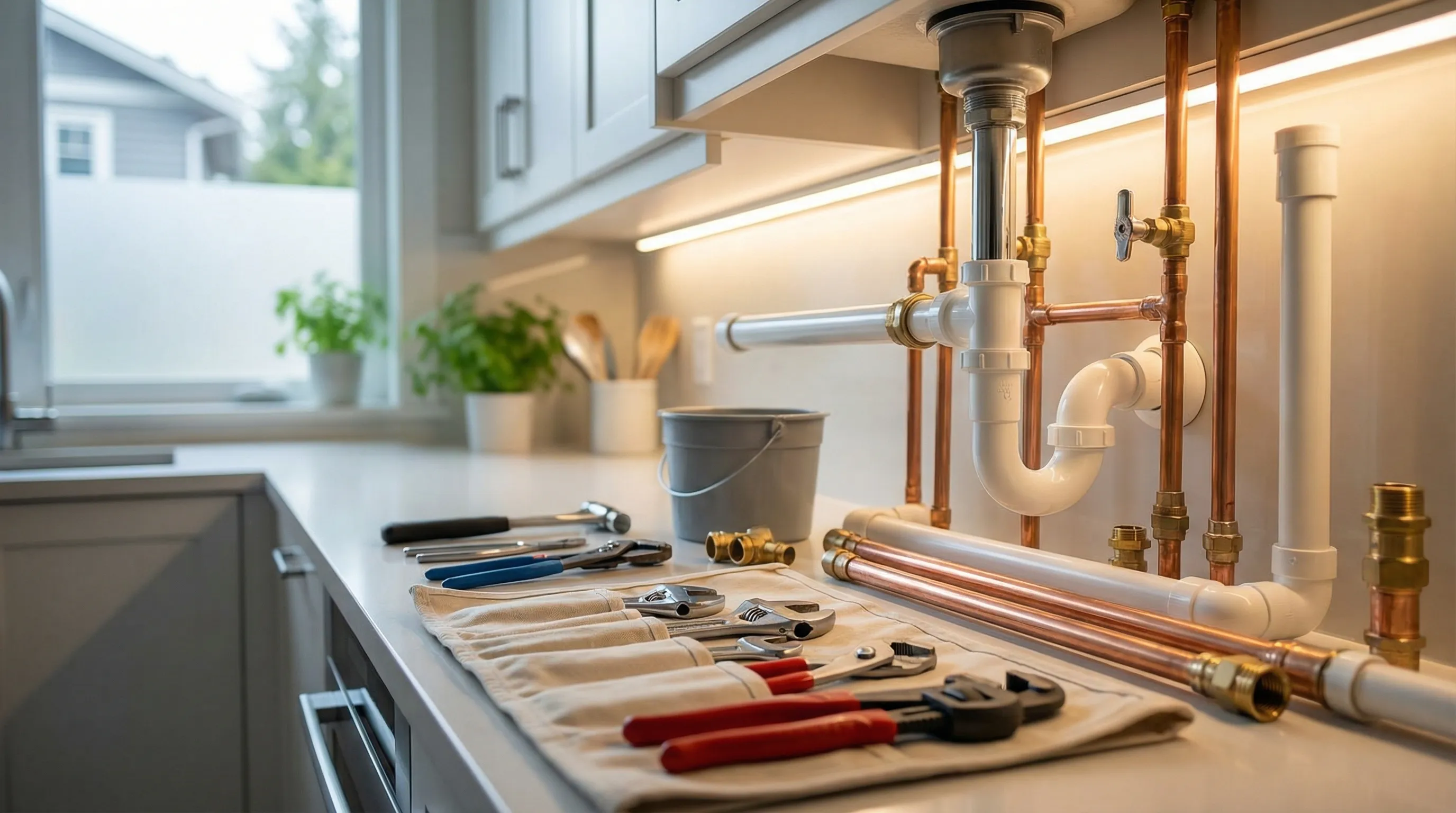 Professional plumber working on pipe connections under a kitchen sink in a Vancouver, WA residential home