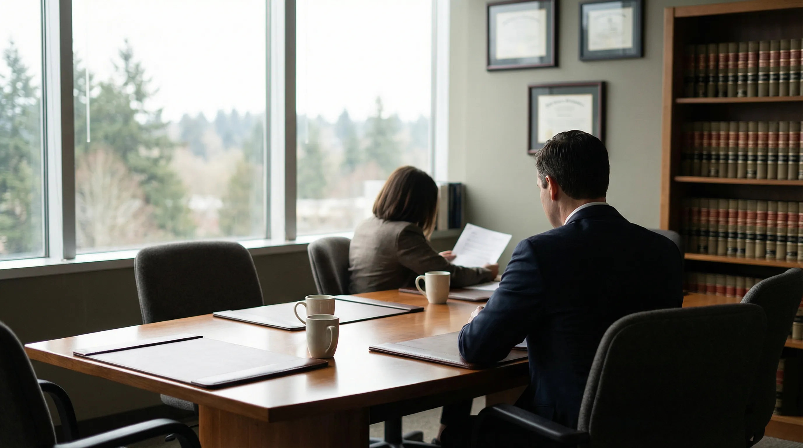Professional law office consultation room in Vancouver, WA with attorney reviewing documents with client