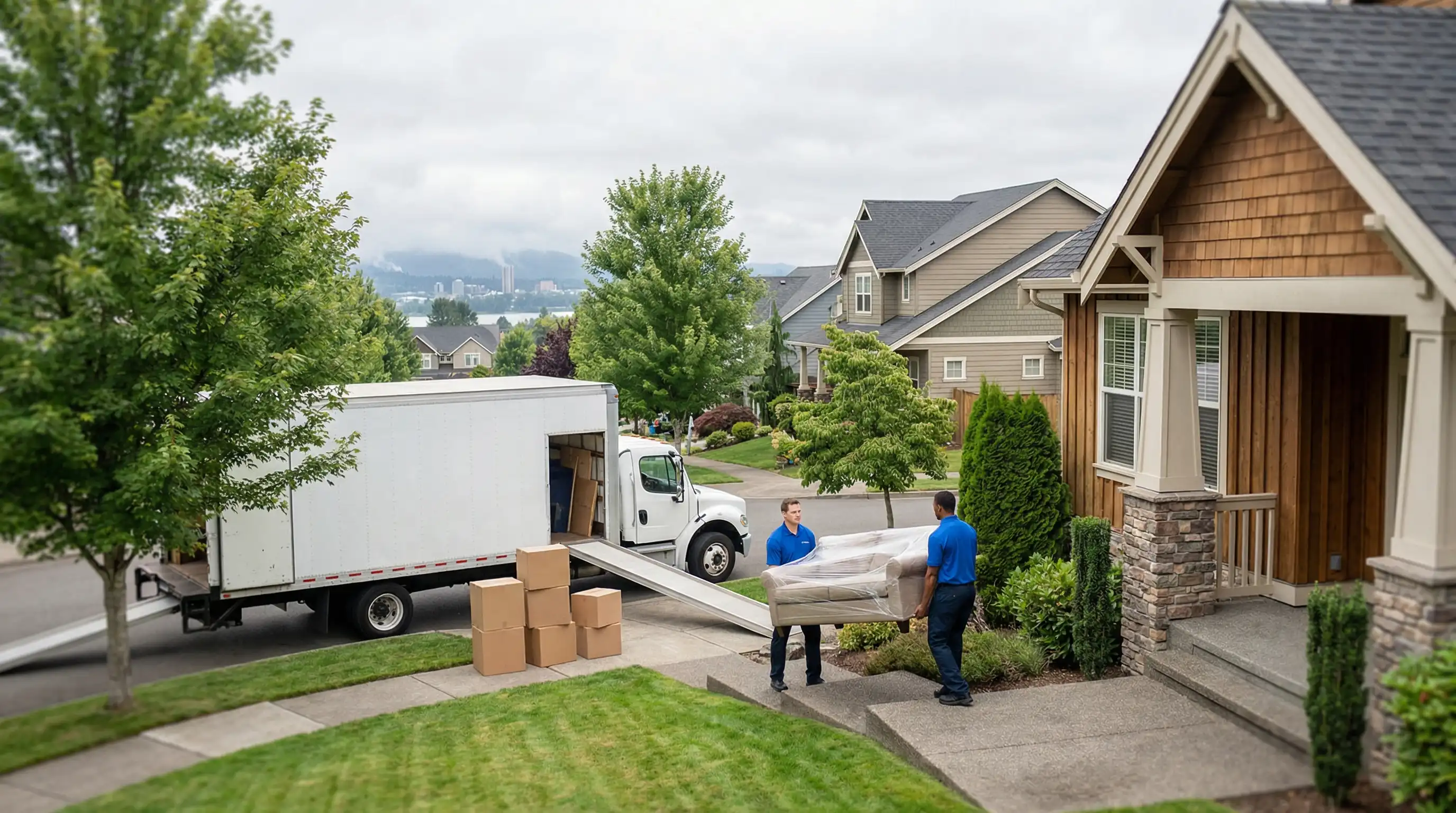 Professional movers loading household goods into a moving truck in front of a craftsman home in Vancouver, WA