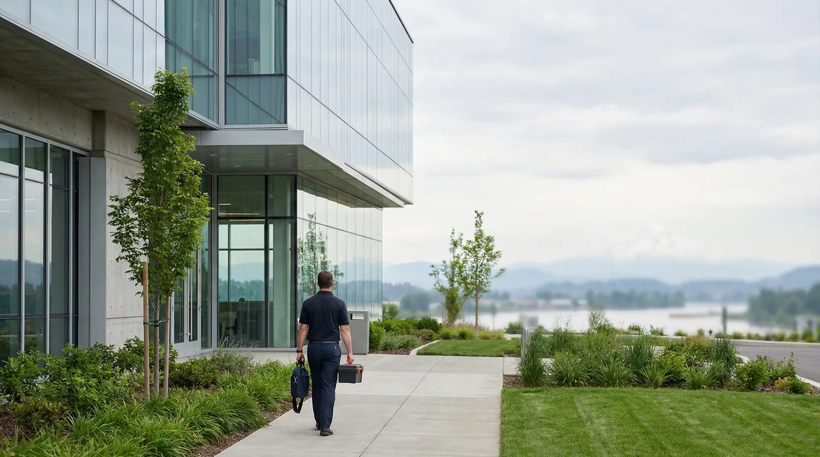IT technician configuring a server rack in a Vancouver, WA small business office with organized cabling and professional equipment