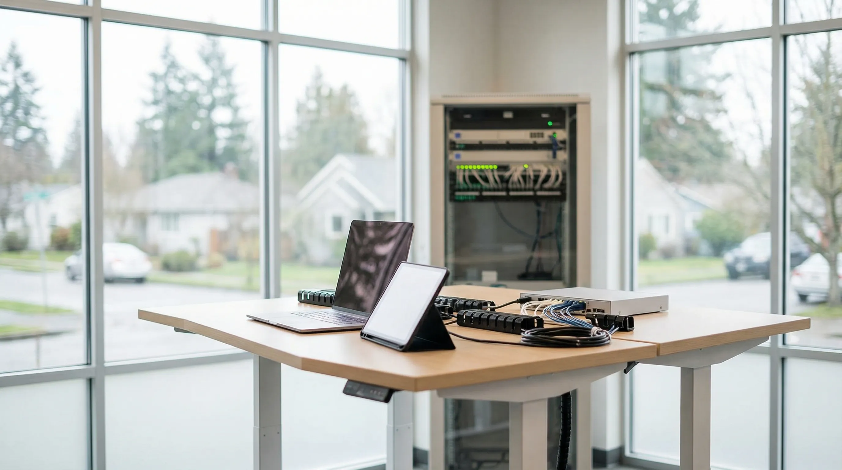 IT technician configuring a server rack in a Vancouver, WA small business office with organized cabling and professional equipment