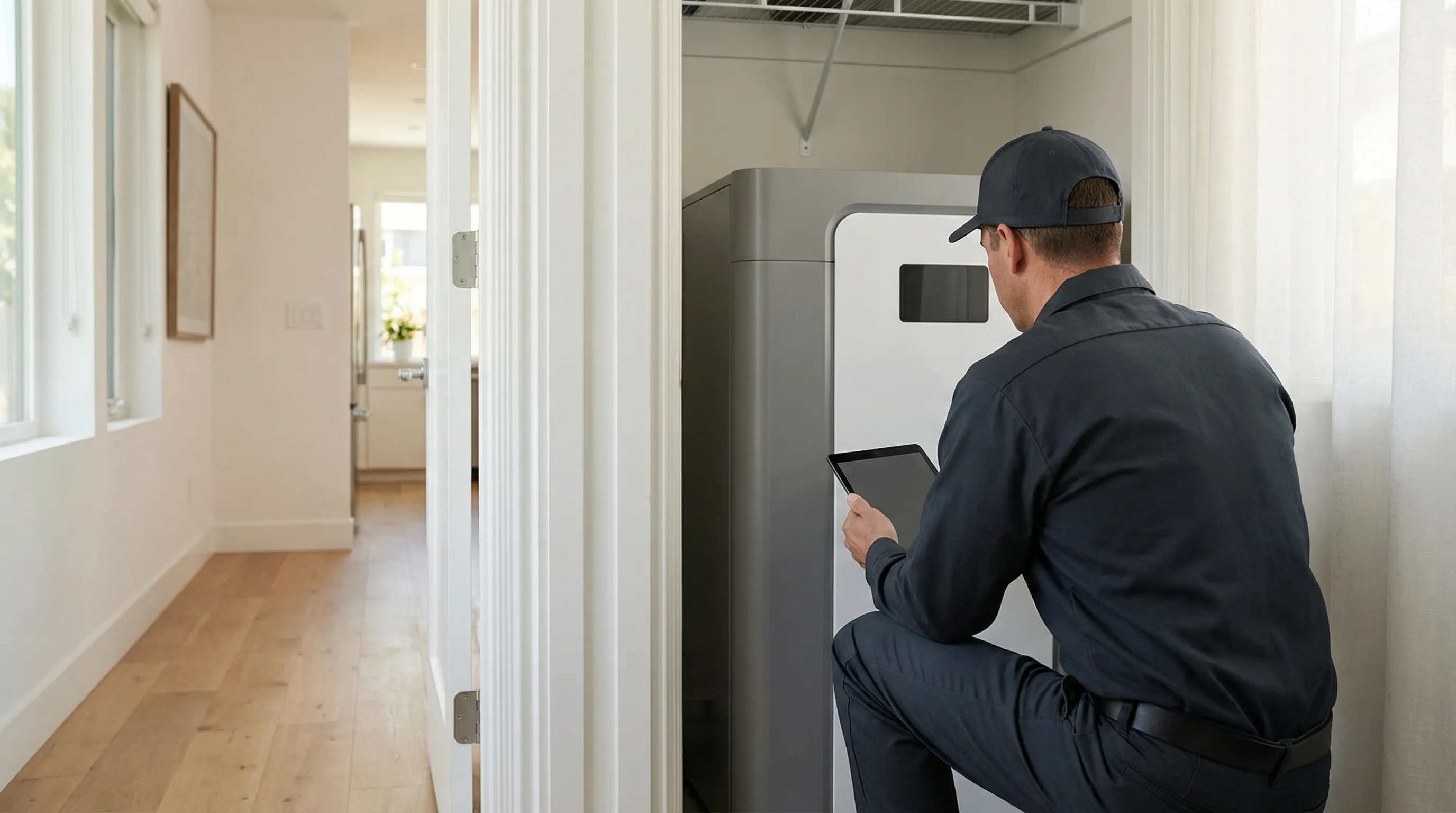 Professional HVAC technician servicing a heat pump system at a Craftsman home in Santa Rosa, CA