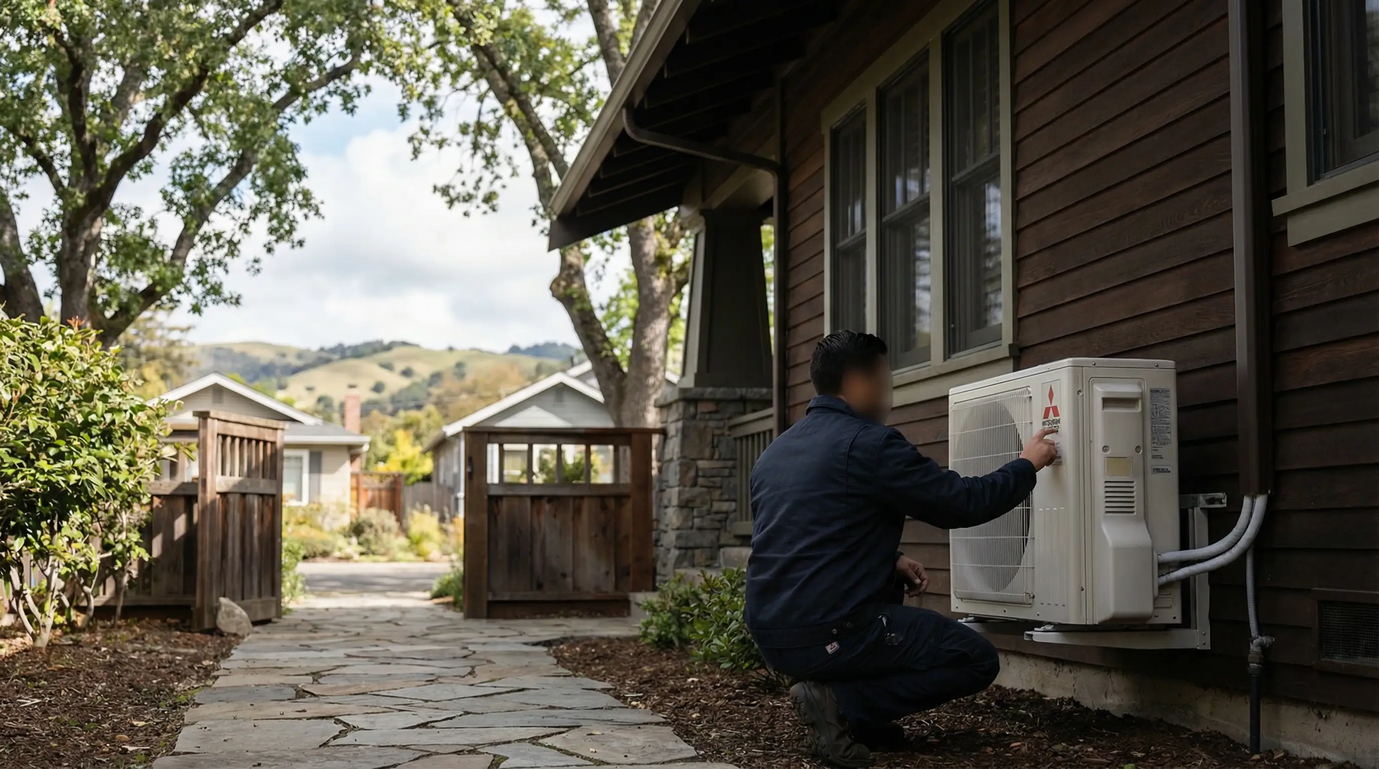 Professional HVAC technician servicing a heat pump system at a Craftsman home in Santa Rosa, CA