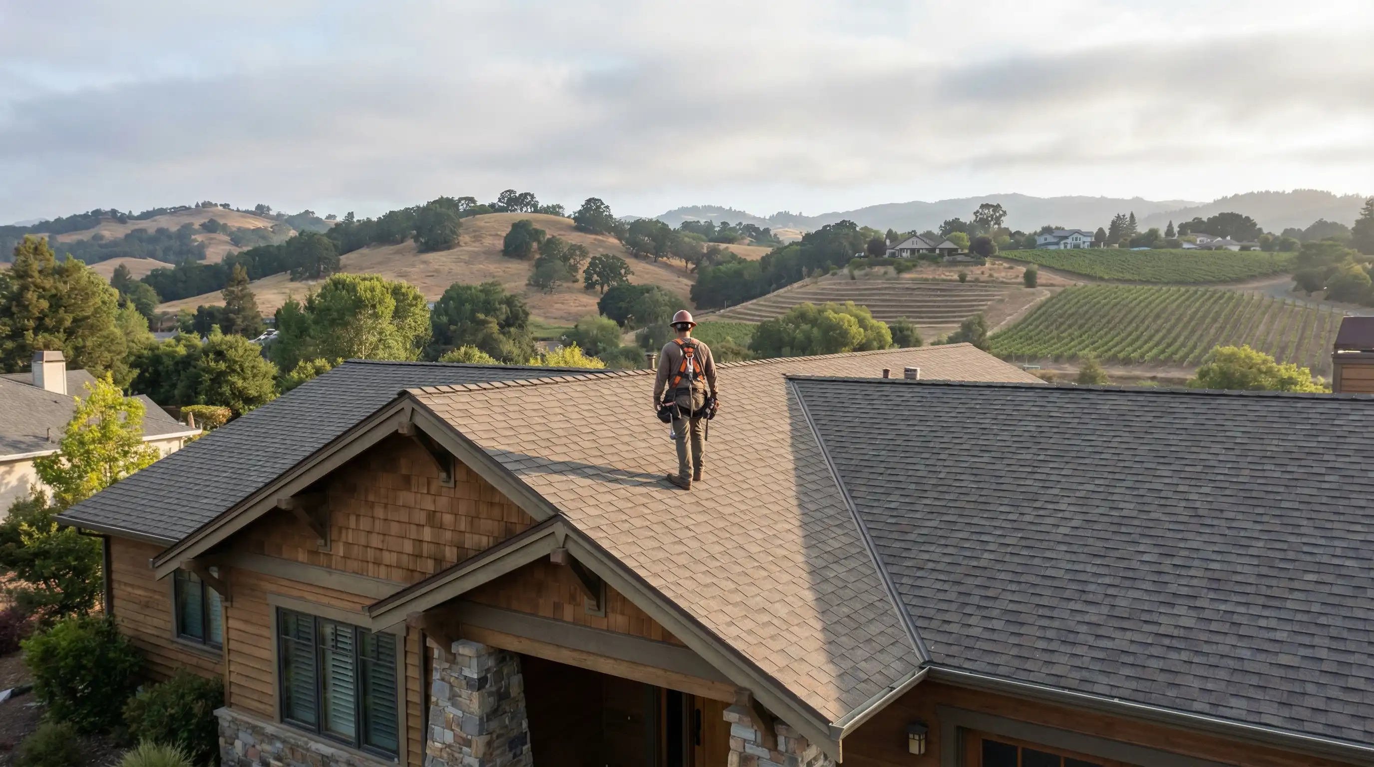 Professional roofing contractor inspecting a tile roof on a Santa Rosa home with Sonoma hills in the background