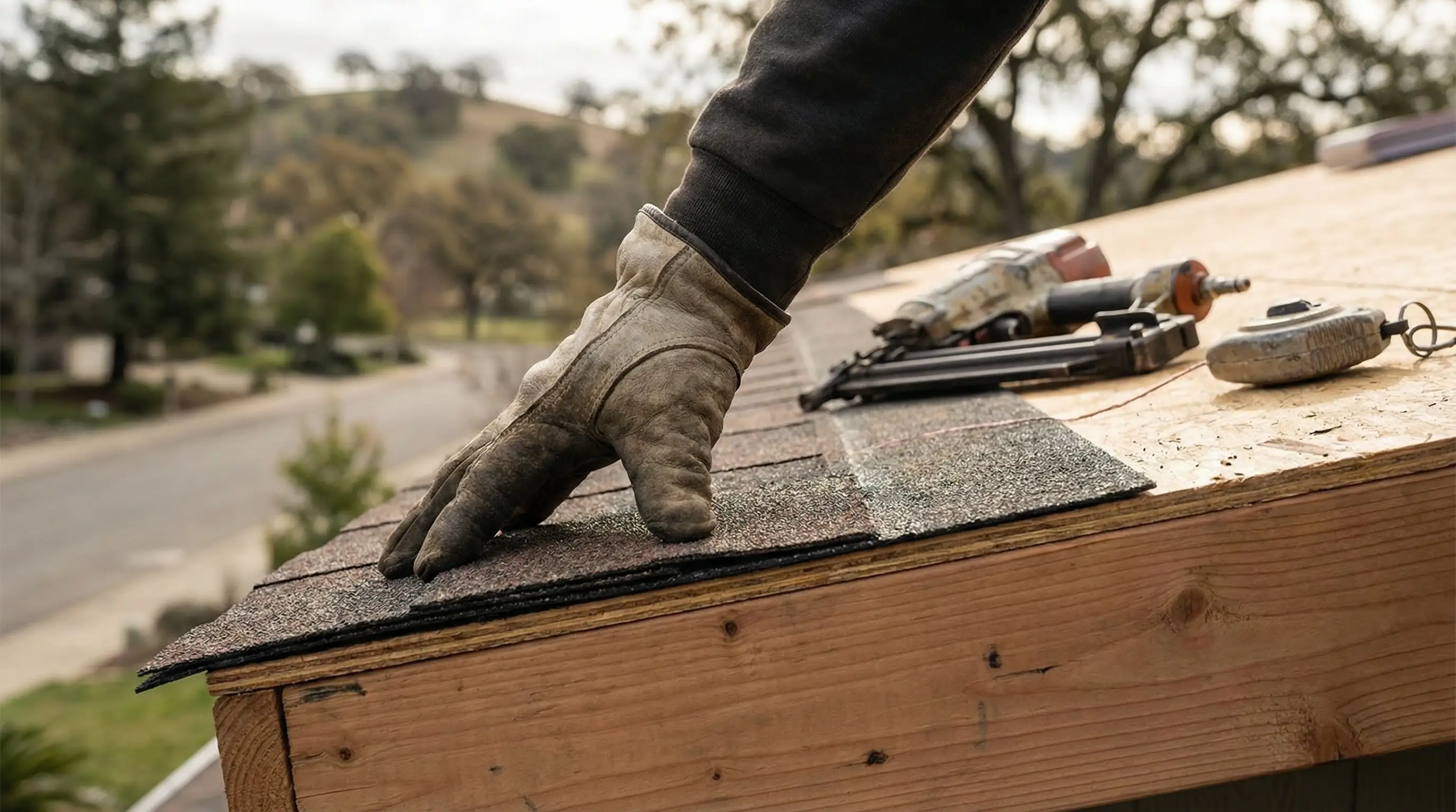 Professional roofing contractor inspecting a tile roof on a Santa Rosa home with Sonoma hills in the background