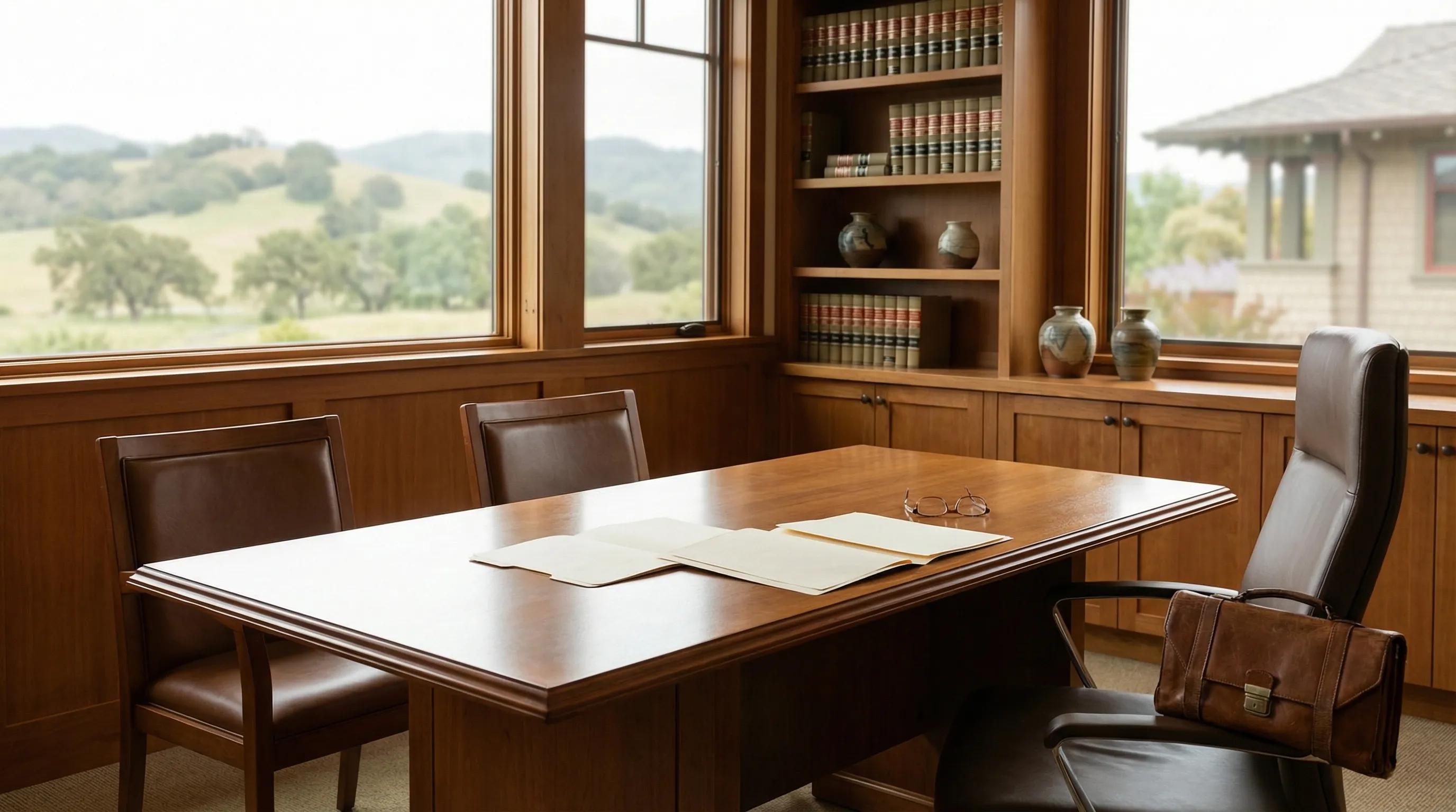 Professional attorney office in downtown Santa Rosa near the Sonoma County courthouse with warm natural light