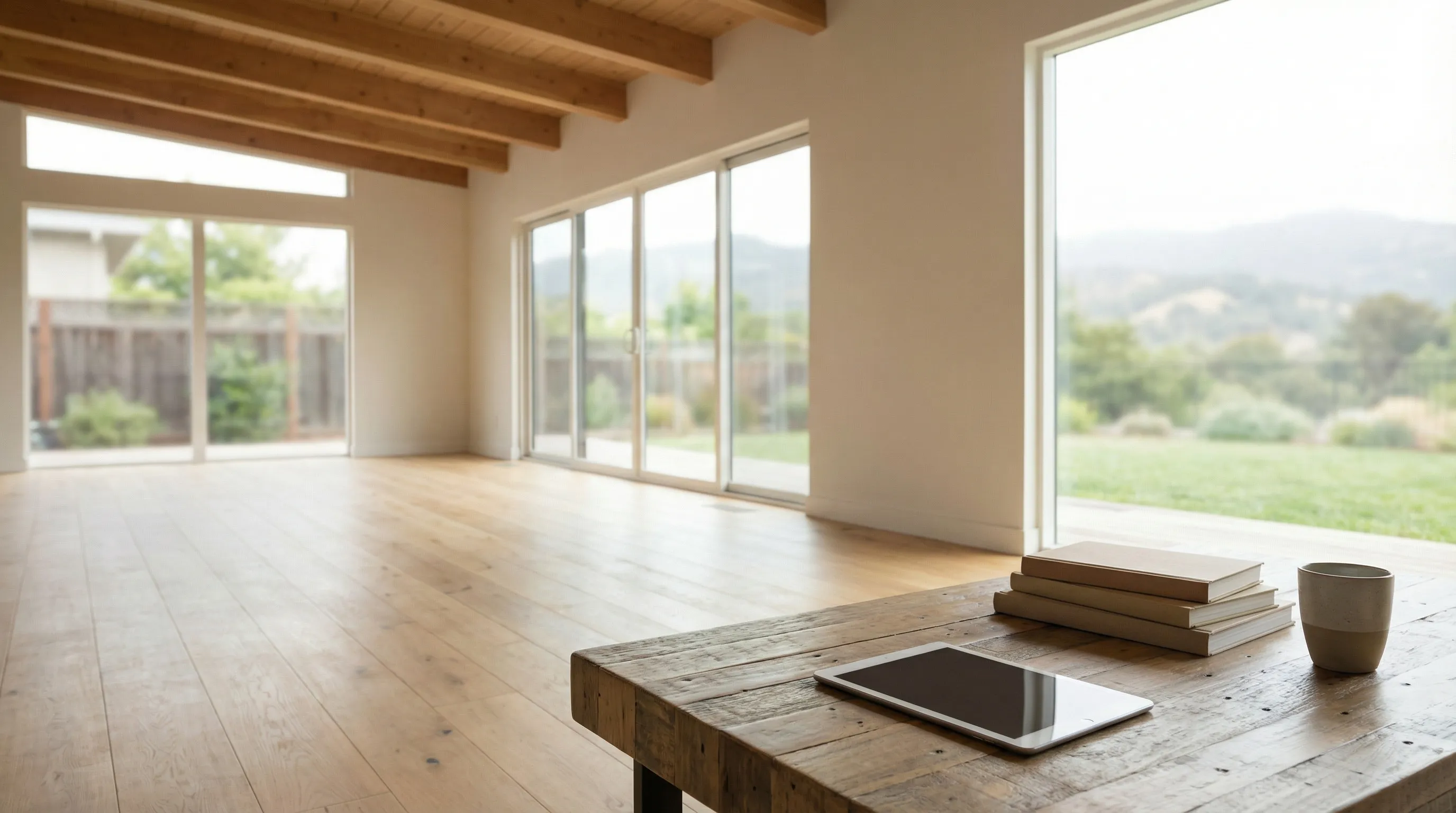 Professional real estate agent showing a property to clients in a Craftsman home in Santa Rosa, CA, with Sonoma County hills visible through the window