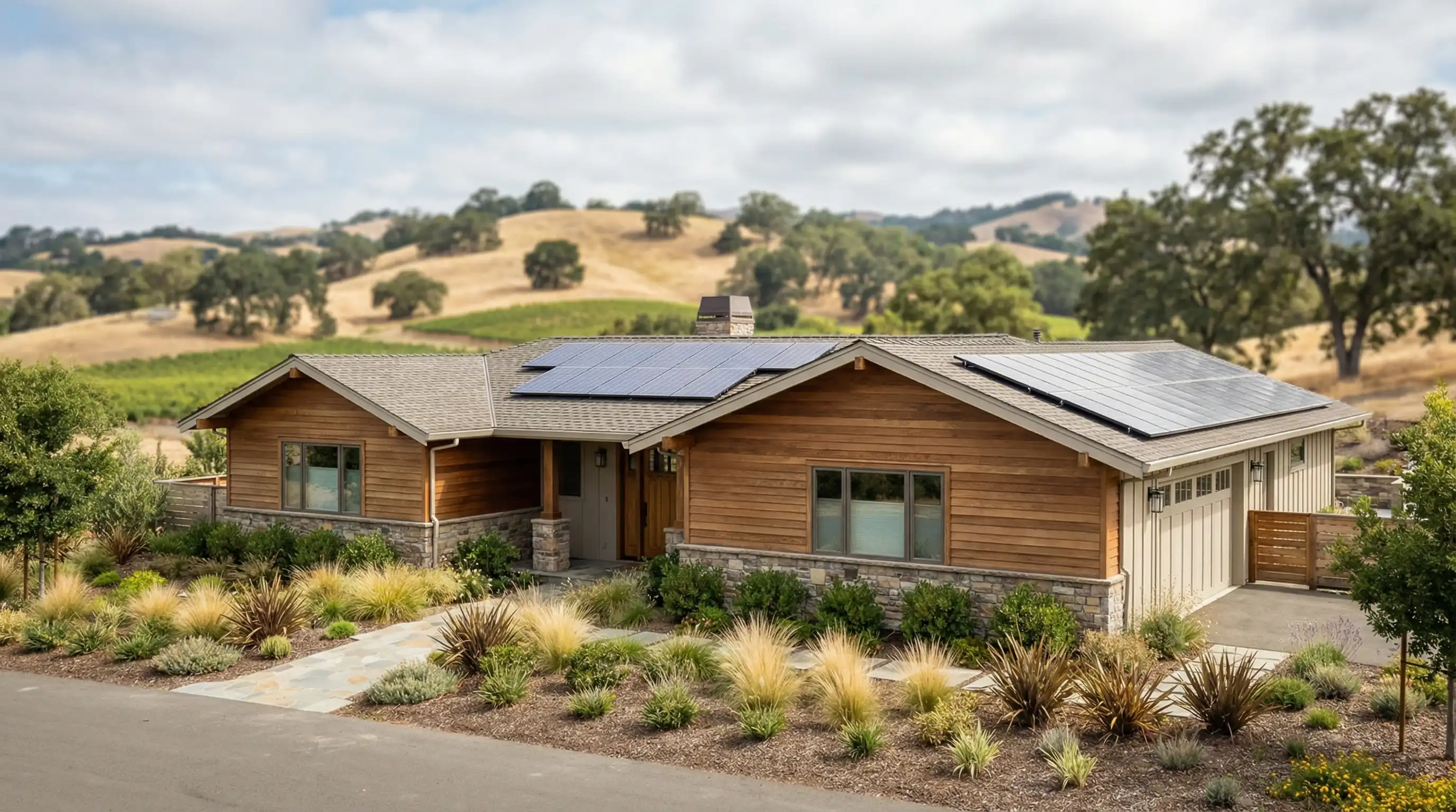 Solar technician adjusting rooftop panels on a California ranch-style home in Santa Rosa, CA, with clear Sonoma County sky and neighborhood visible below