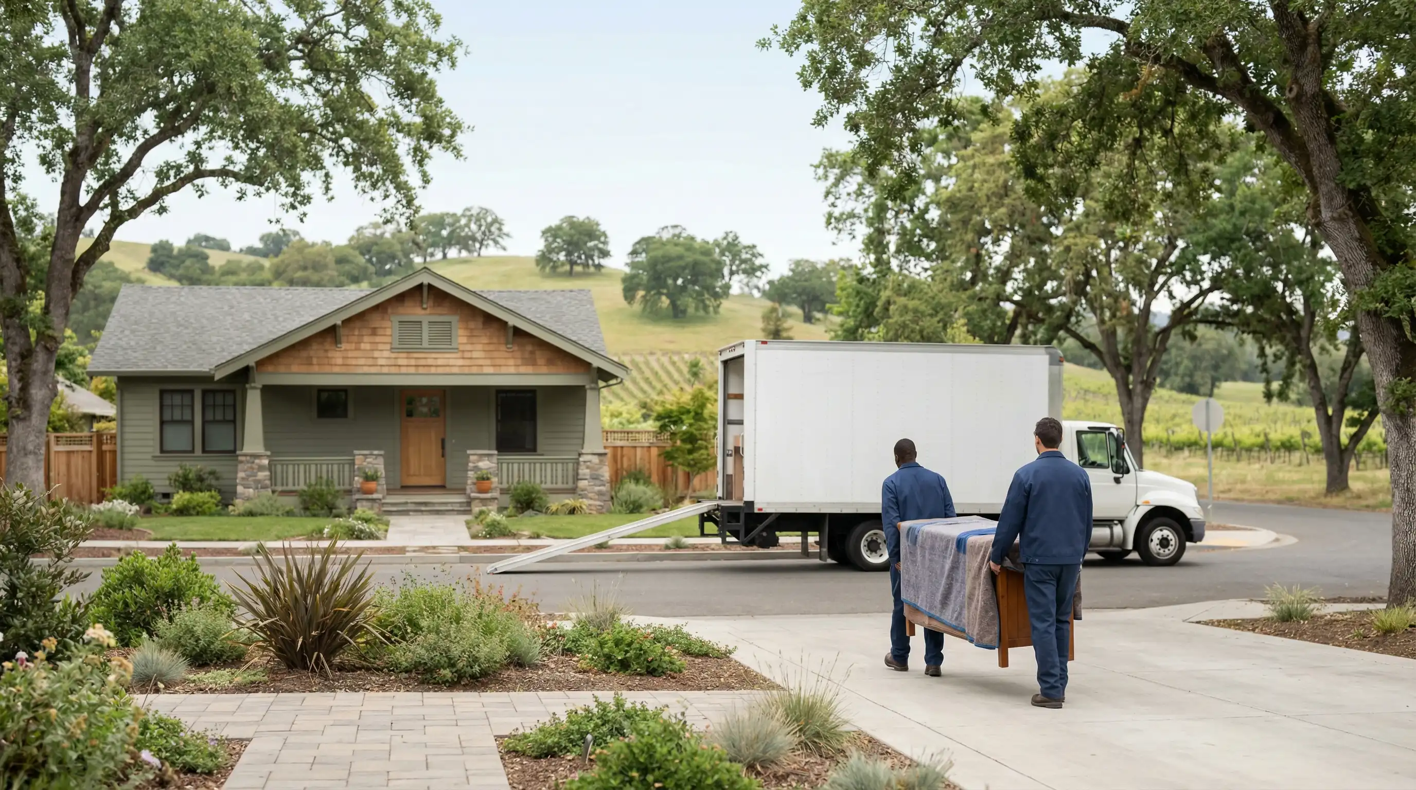 Moving truck and crew carefully loading furniture from a Craftsman home on a tree-lined street in Santa Rosa, CA