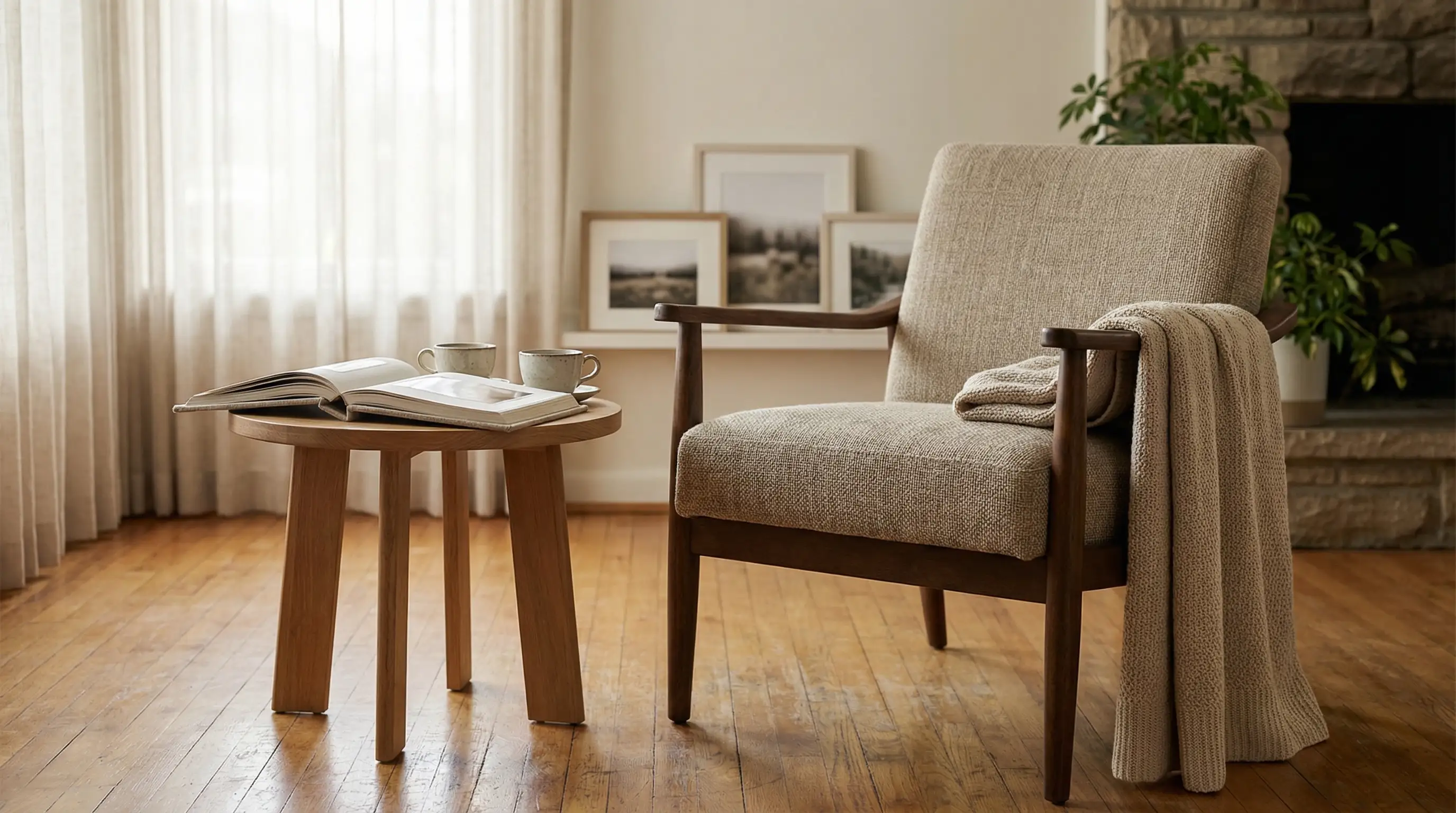 Caregiver seated with an elderly client in a warm living room in Santa Rosa, CA, sharing a conversation in natural afternoon light
