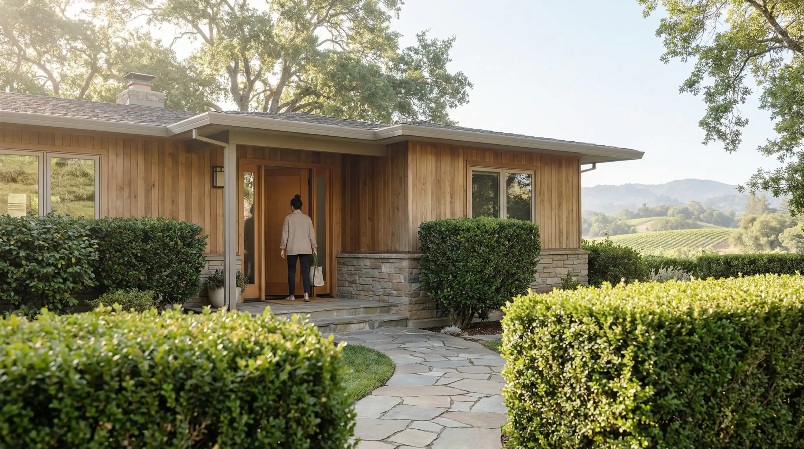 Caregiver seated with an elderly client in a warm living room in Santa Rosa, CA, sharing a conversation in natural afternoon light