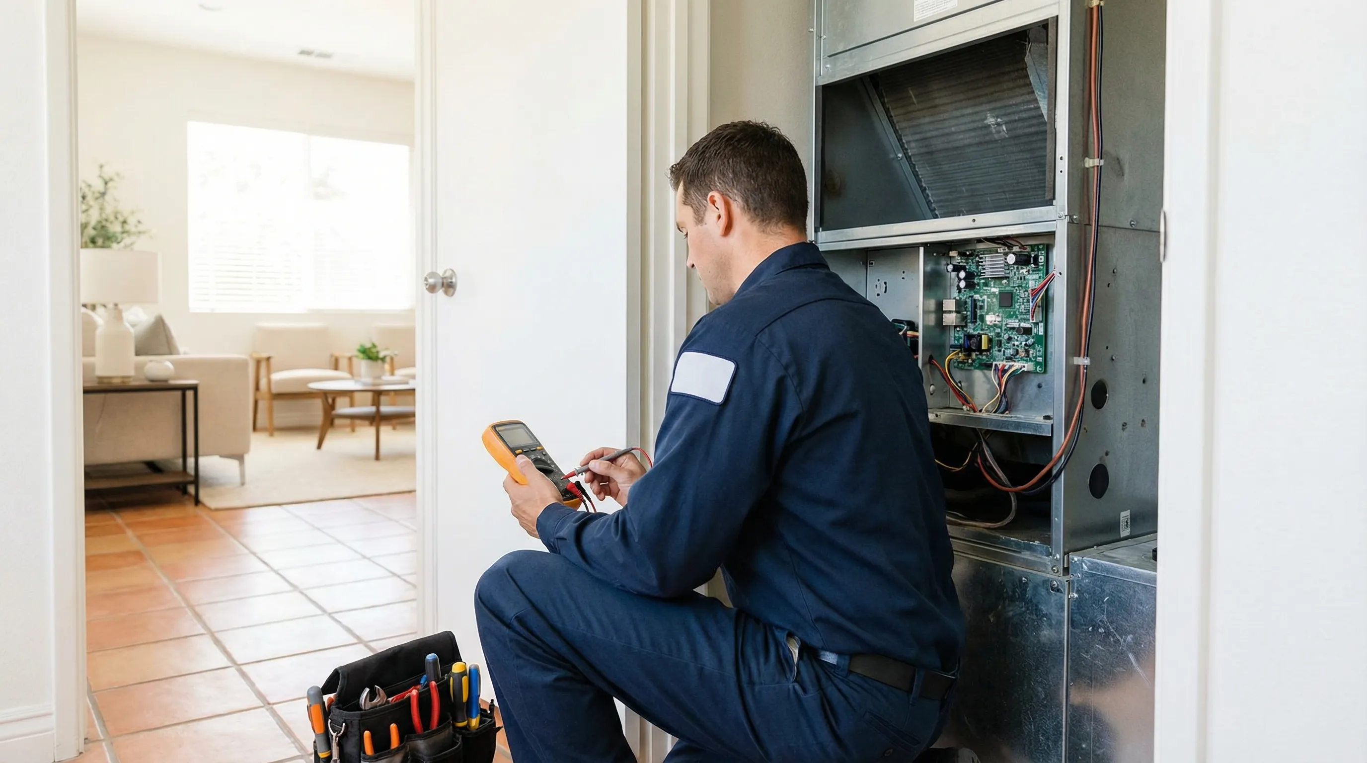 Professional HVAC technician inspecting air conditioning unit at a residential home in Oceanside, CA