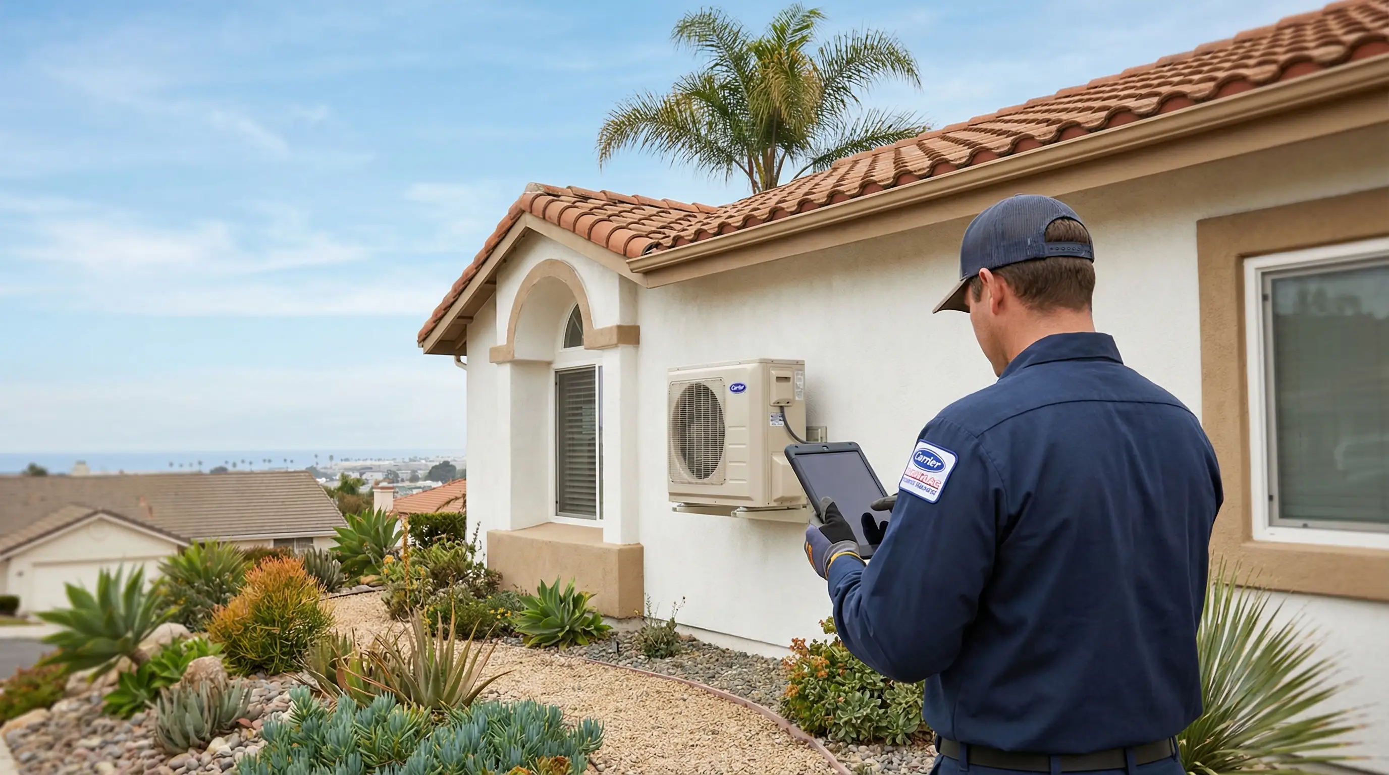Professional HVAC technician inspecting air conditioning unit at a residential home in Oceanside, CA