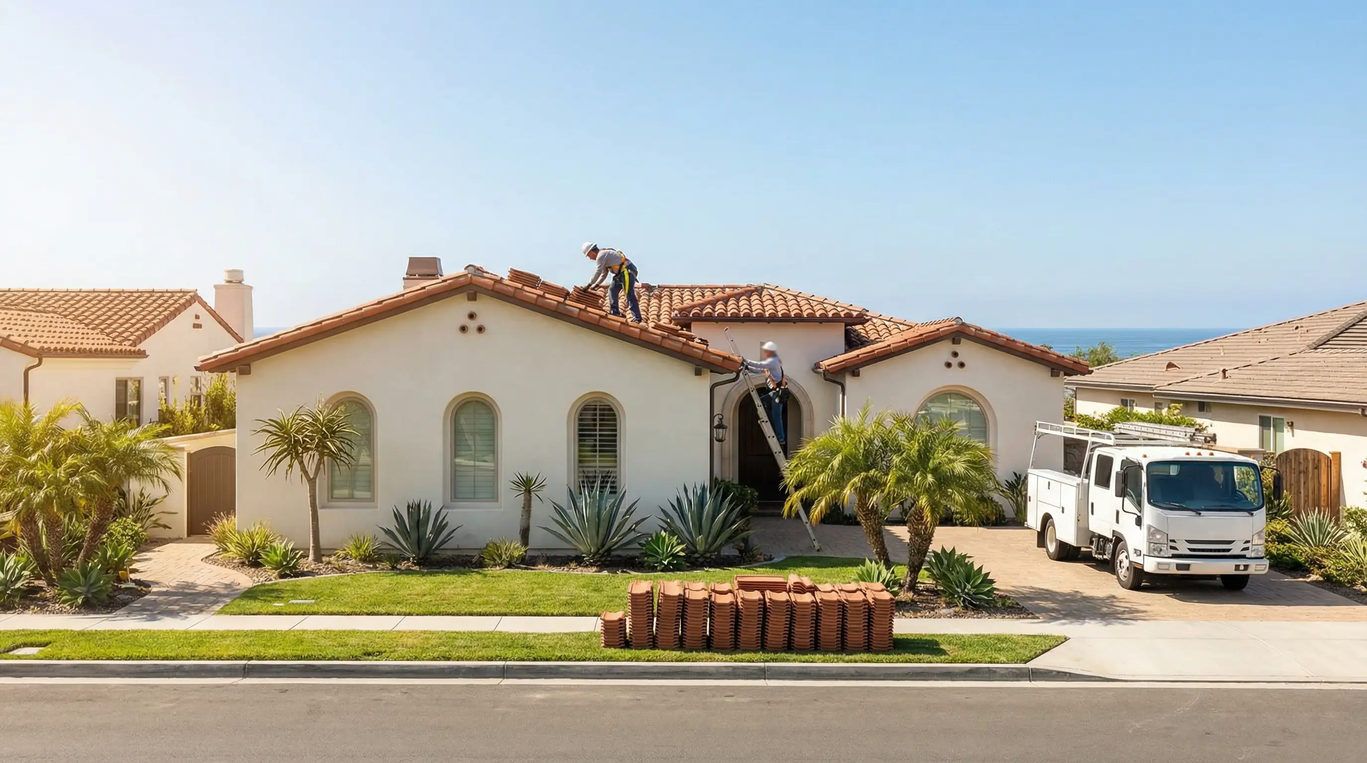 Professional roofing crew replacing clay tile roof on a Spanish-style home in Oceanside, CA