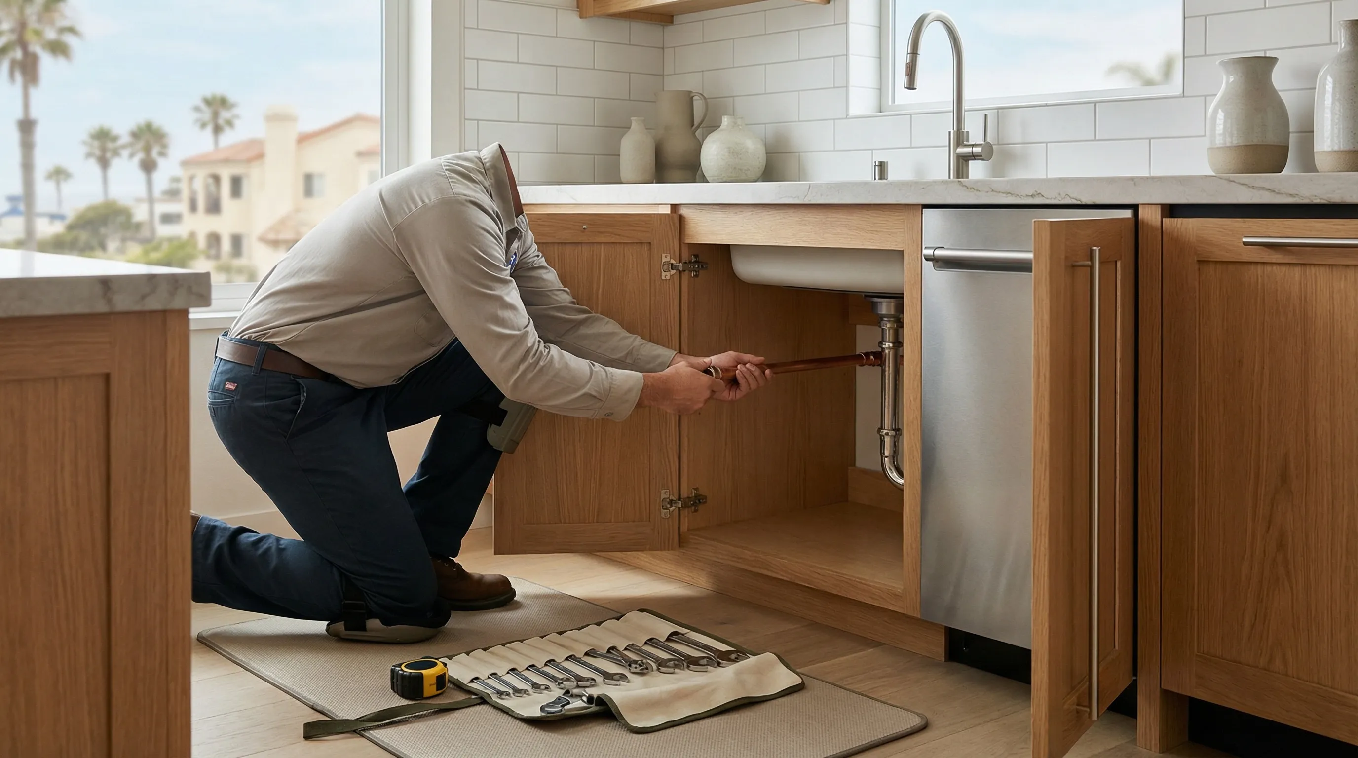 Professional plumber repairing pipes under a kitchen sink in a residential home in Oceanside, CA