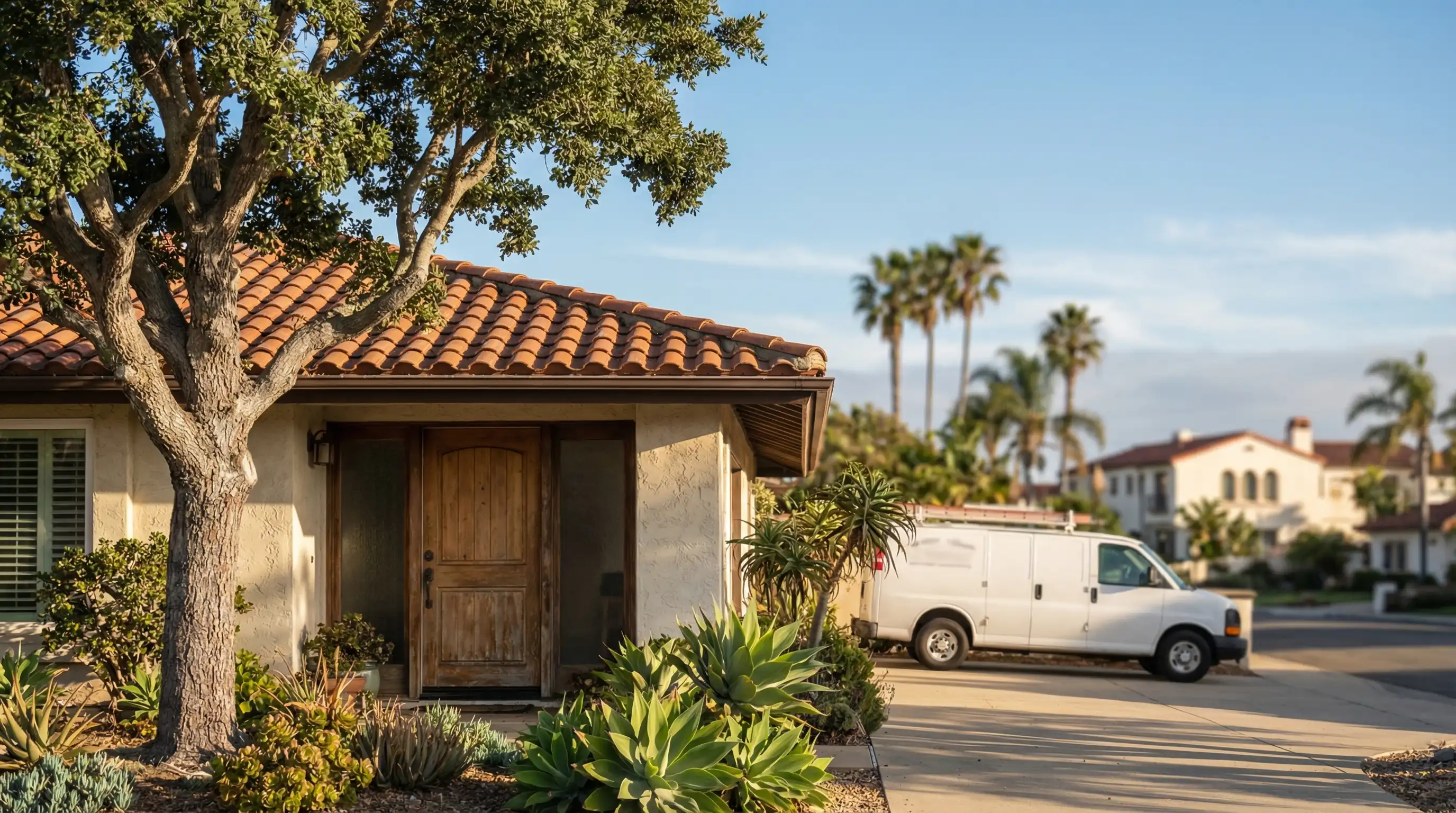 Professional plumber repairing pipes under a kitchen sink in a residential home in Oceanside, CA
