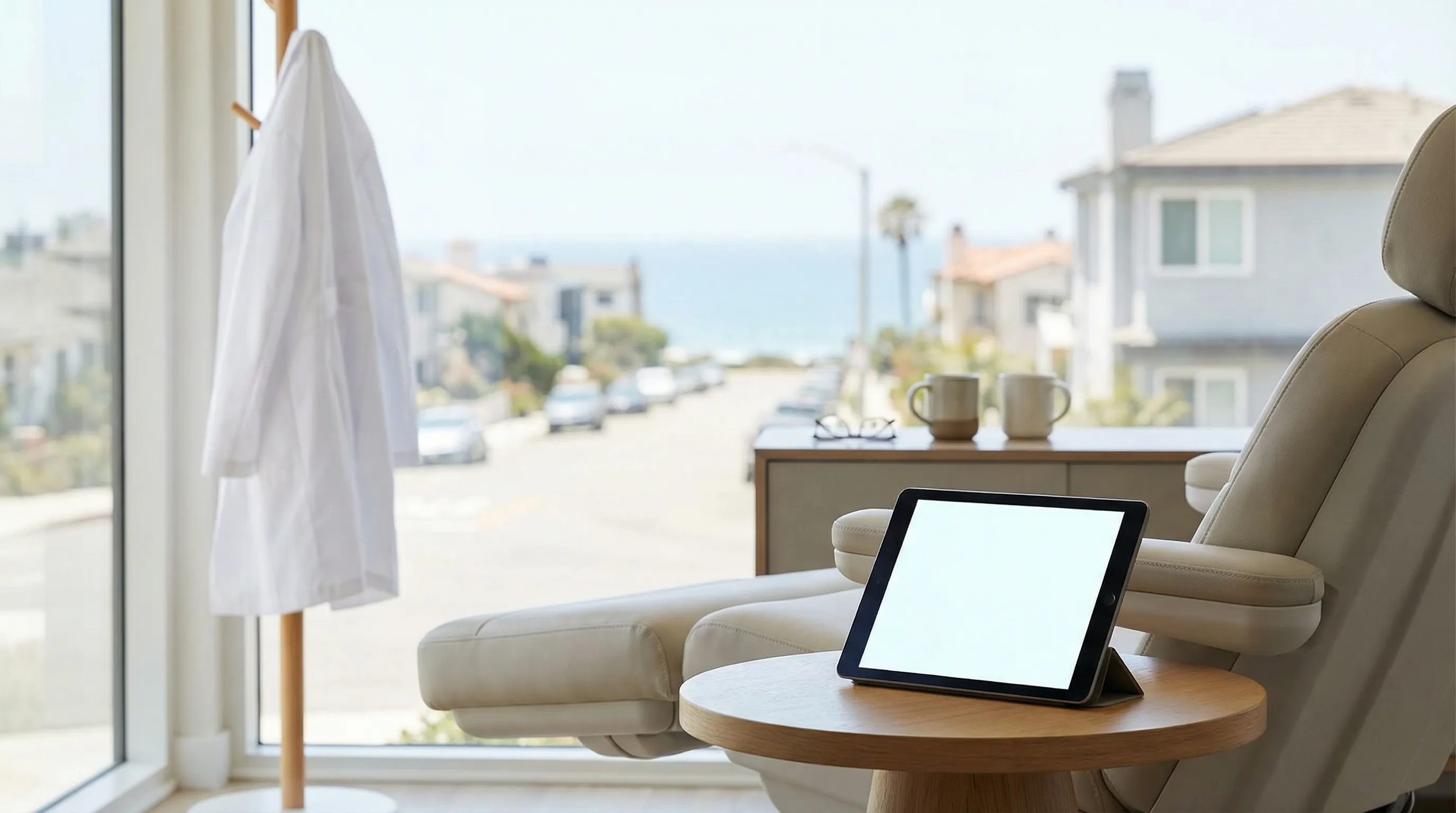 Licensed aesthetics provider in a bright, modern medspa treatment room consulting with a client in Oceanside, CA