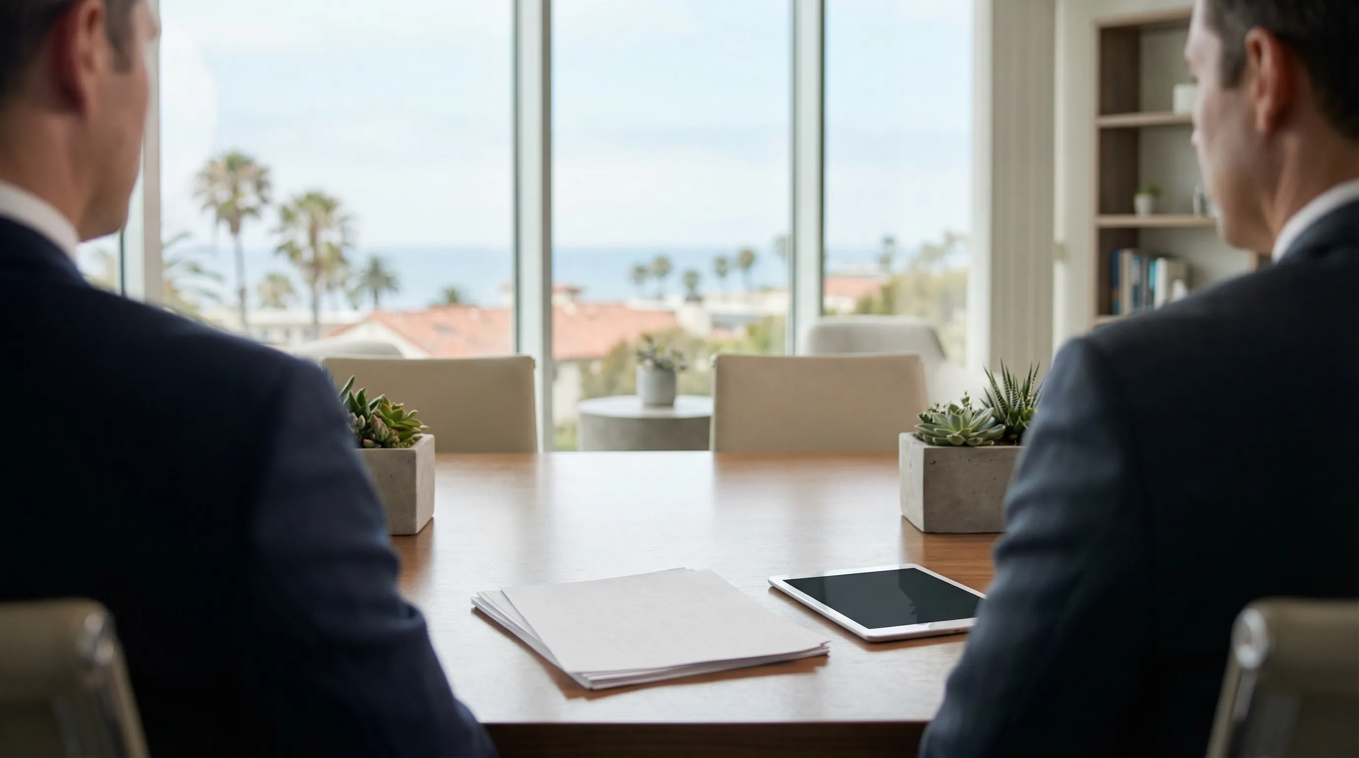 Professional attorney in a modern law office consultation room meeting with a client in Oceanside, CA
