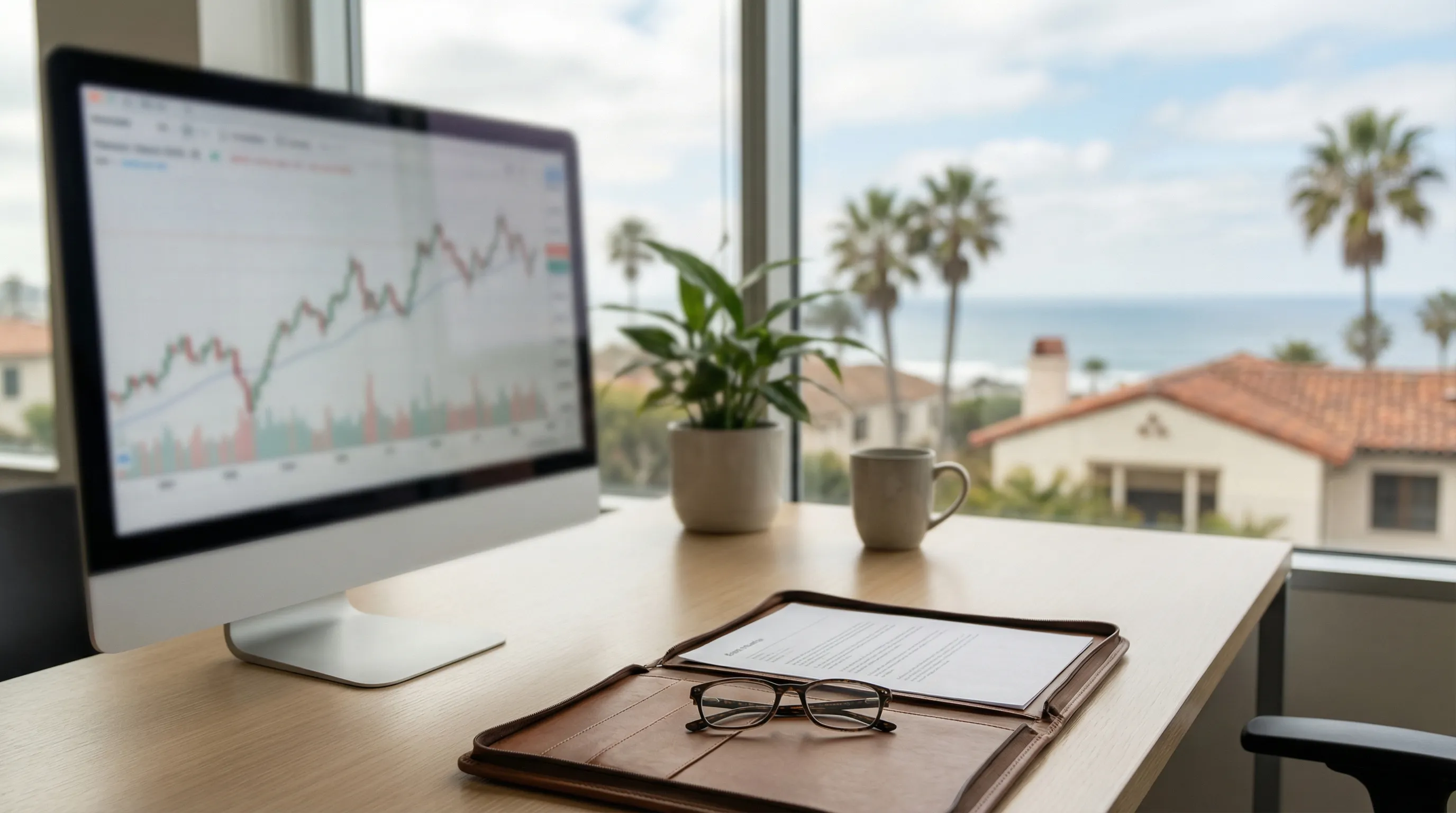 Financial advisor meeting with a veteran couple at a conference table reviewing retirement projections in Oceanside, CA