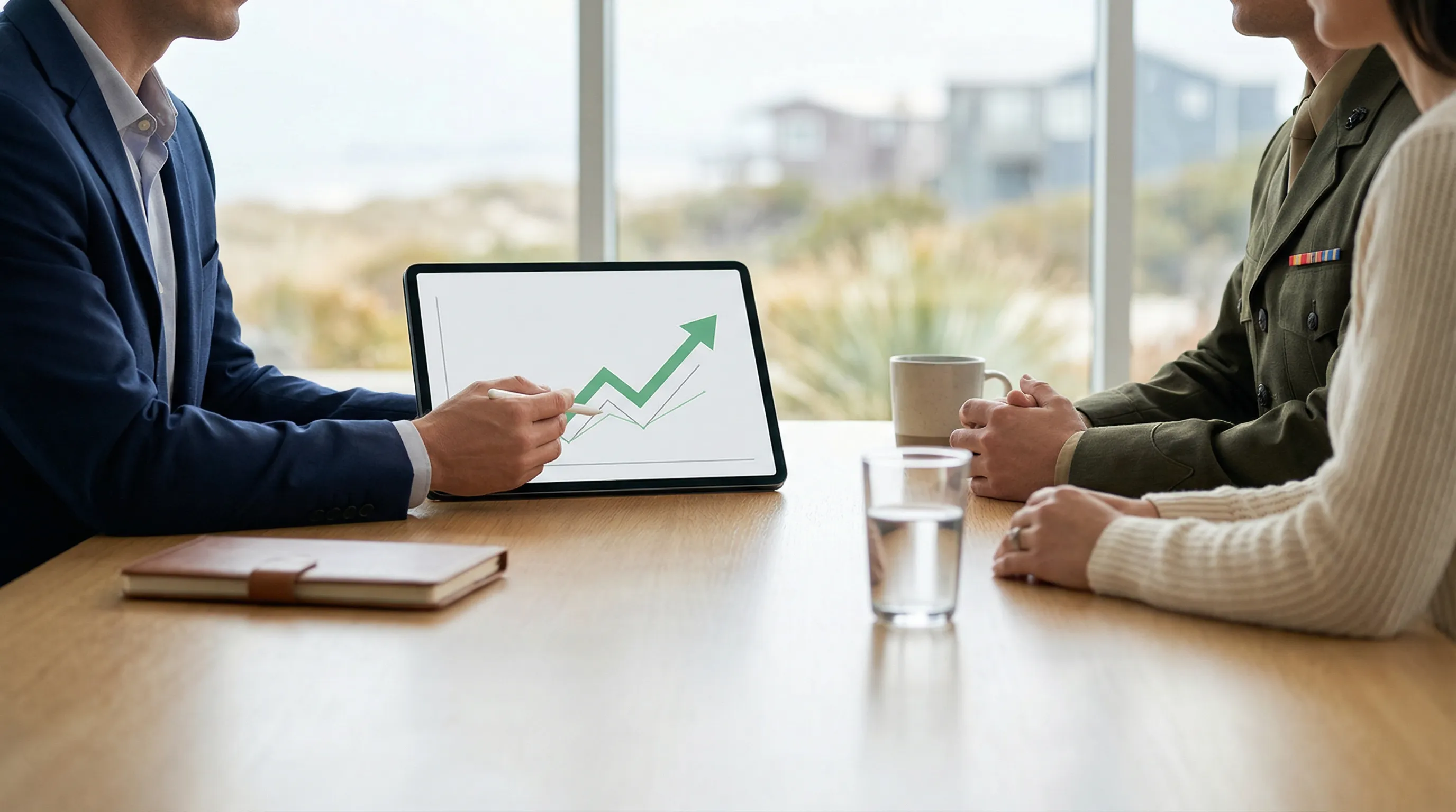 Financial advisor meeting with a veteran couple at a conference table reviewing retirement projections in Oceanside, CA