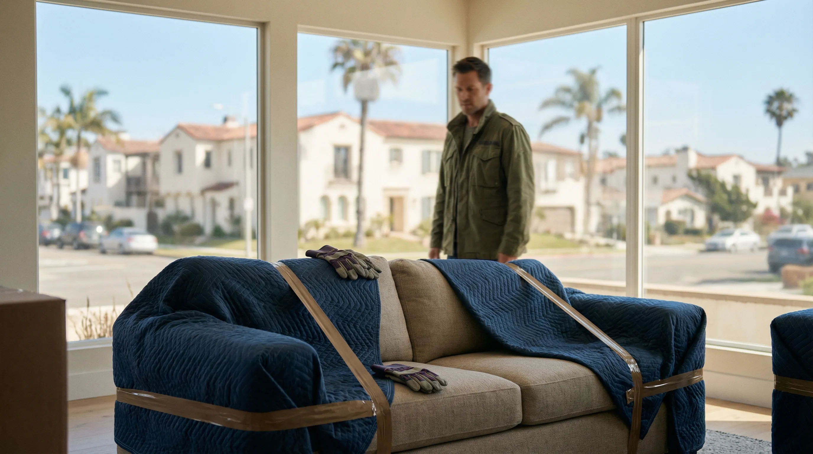 Two professional movers carrying wrapped furniture from a home in a sunny Oceanside CA neighborhood
