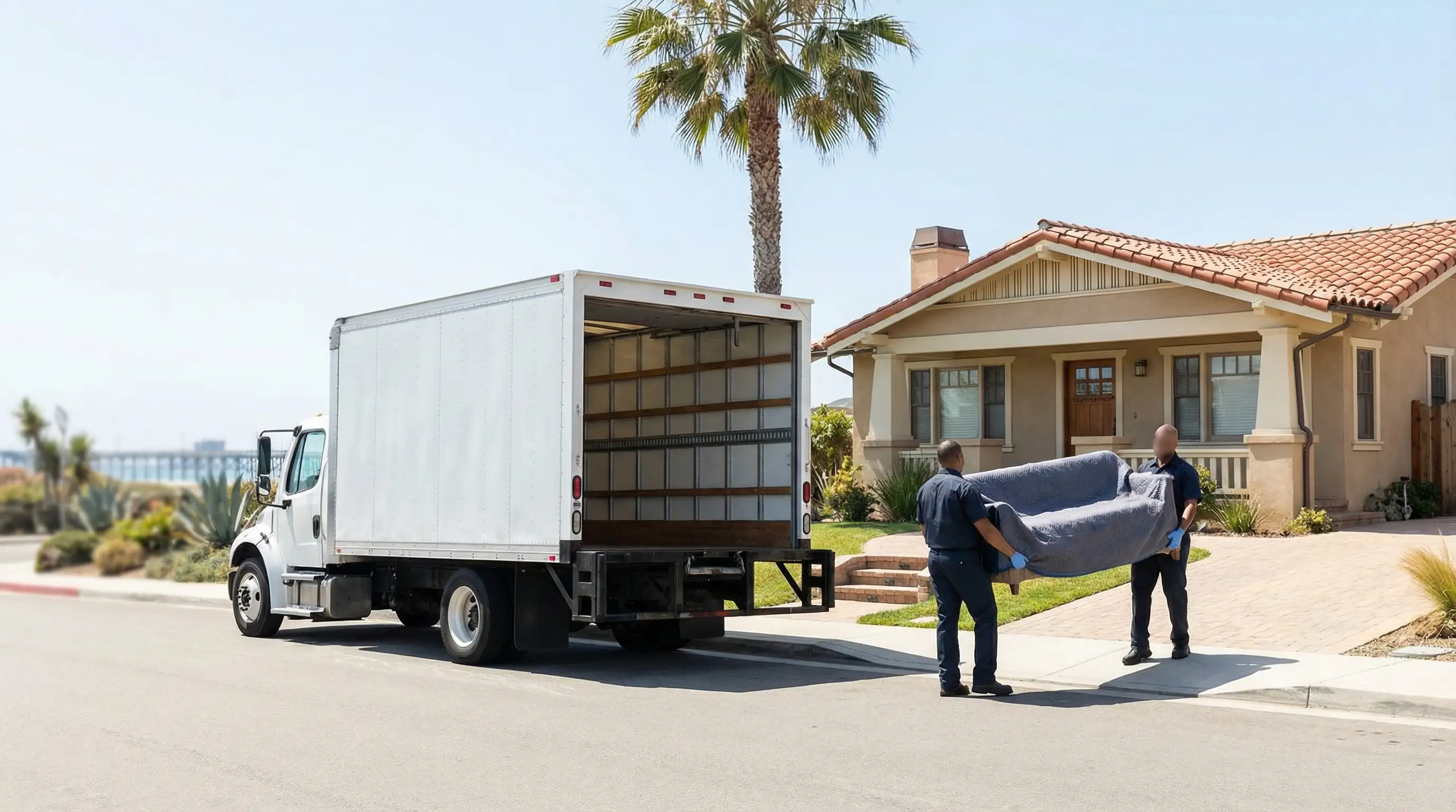 Two professional movers carrying wrapped furniture from a home in a sunny Oceanside CA neighborhood