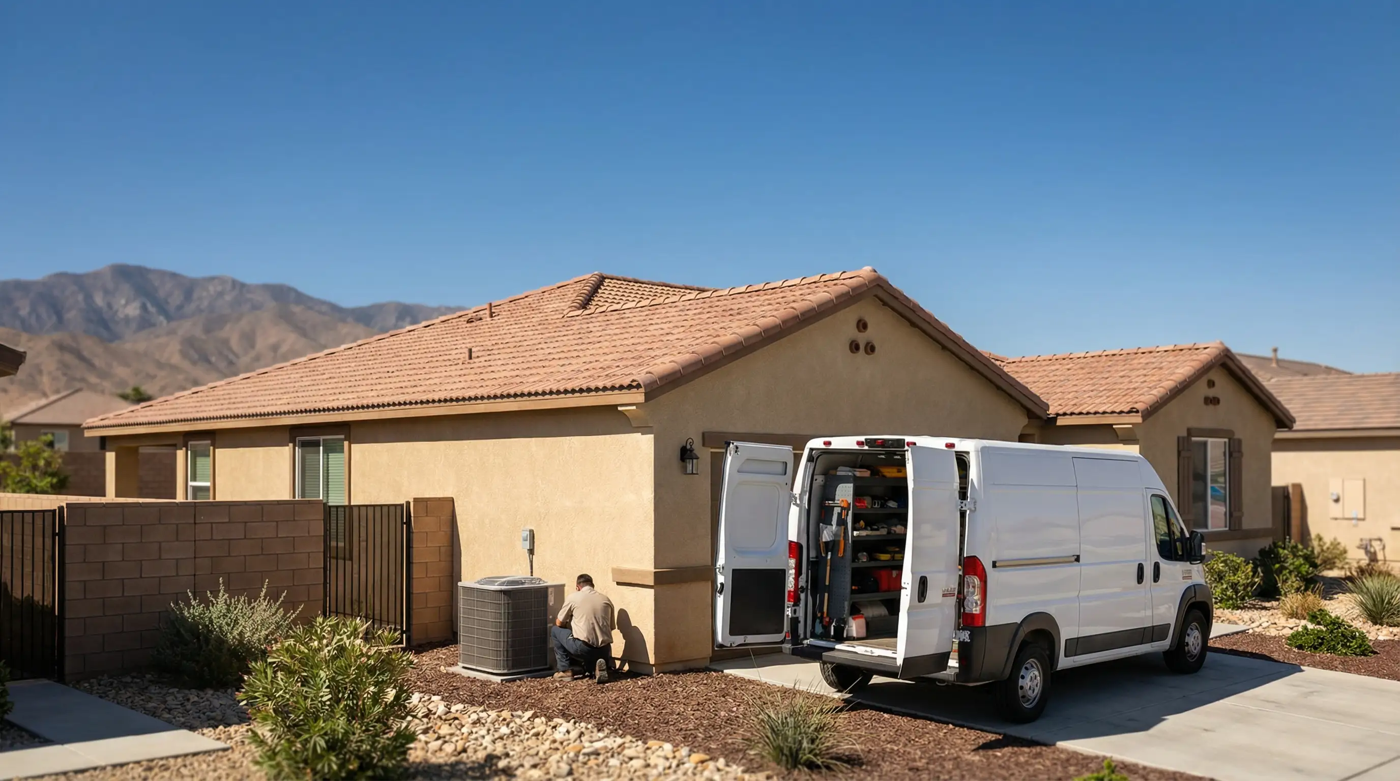 Professional HVAC technician inspecting AC condenser unit at a stucco home in Lancaster, CA with Mojave desert landscape in background
