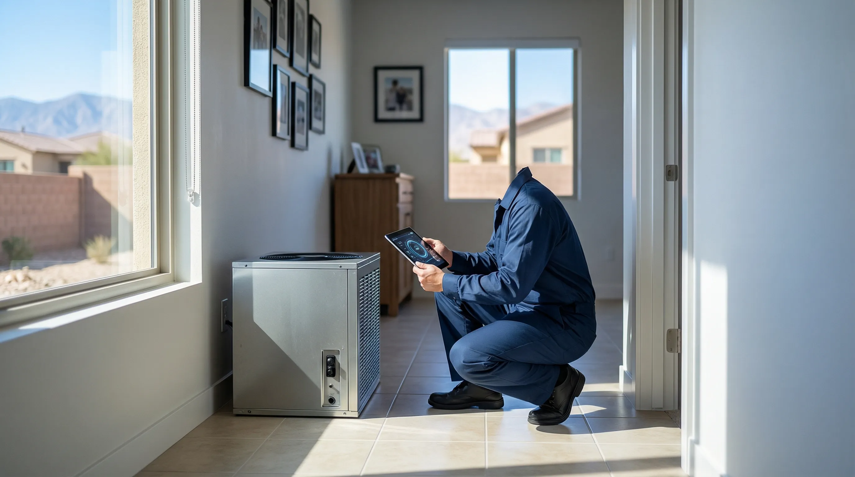 Professional HVAC technician inspecting AC condenser unit at a stucco home in Lancaster, CA with Mojave desert landscape in background