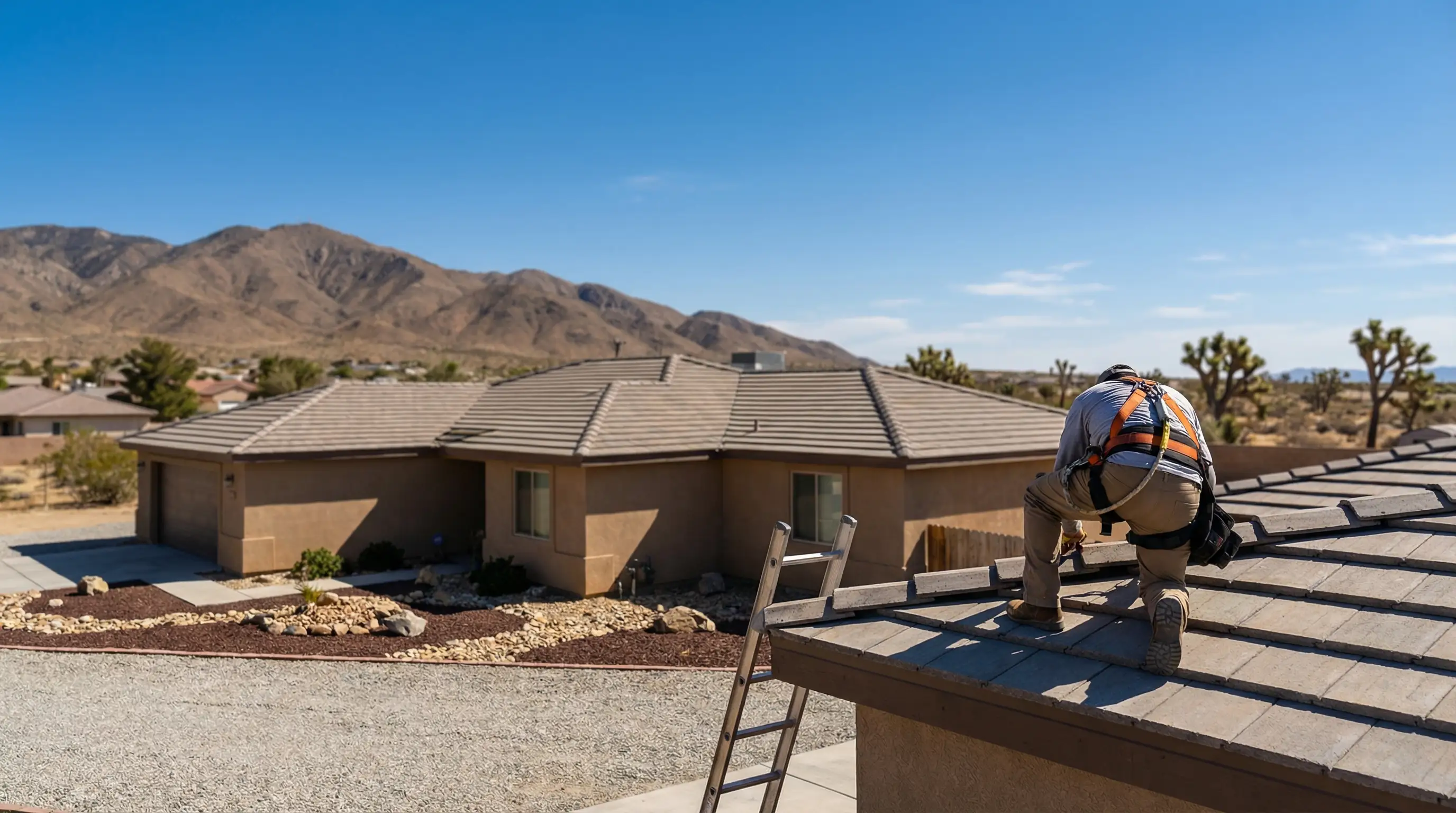 Professional roofer inspecting tile roof on a stucco home in Lancaster, CA with Mojave desert landscape visible in background
