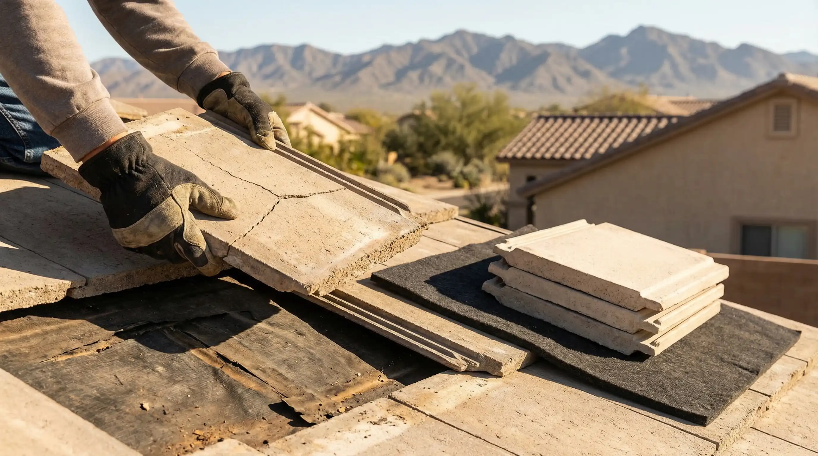 Professional roofer inspecting tile roof on a stucco home in Lancaster, CA with Mojave desert landscape visible in background