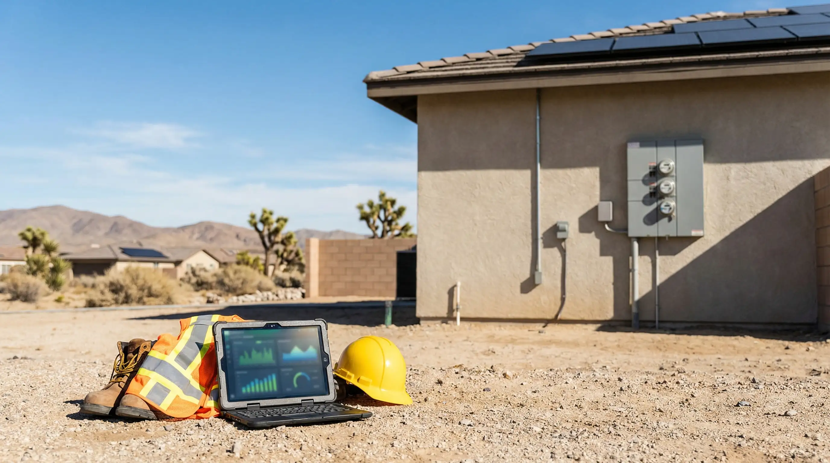 Solar technician reviewing monitoring dashboard beside completed solar panel installation on a residential stucco roof in Lancaster, CA with clear Mojave sky in background