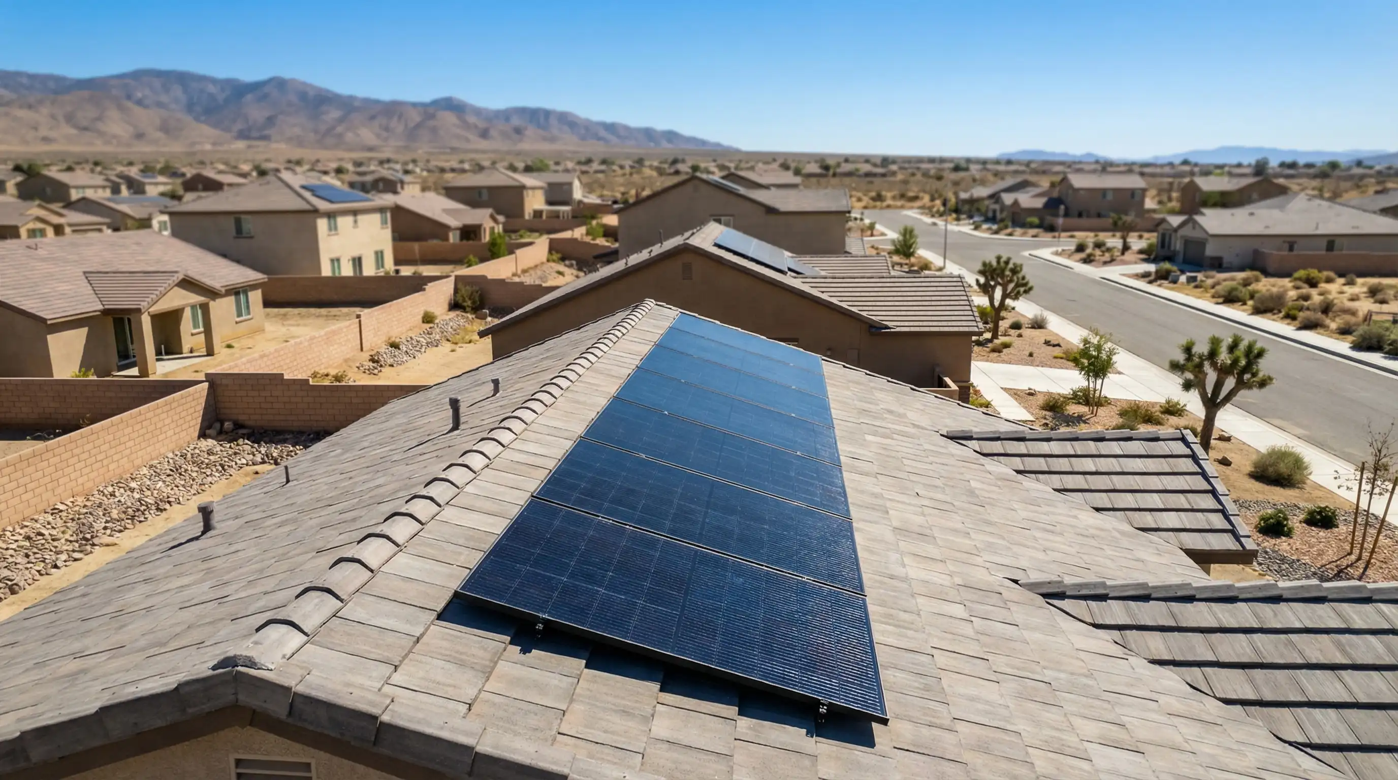 Solar technician reviewing monitoring dashboard beside completed solar panel installation on a residential stucco roof in Lancaster, CA with clear Mojave sky in background