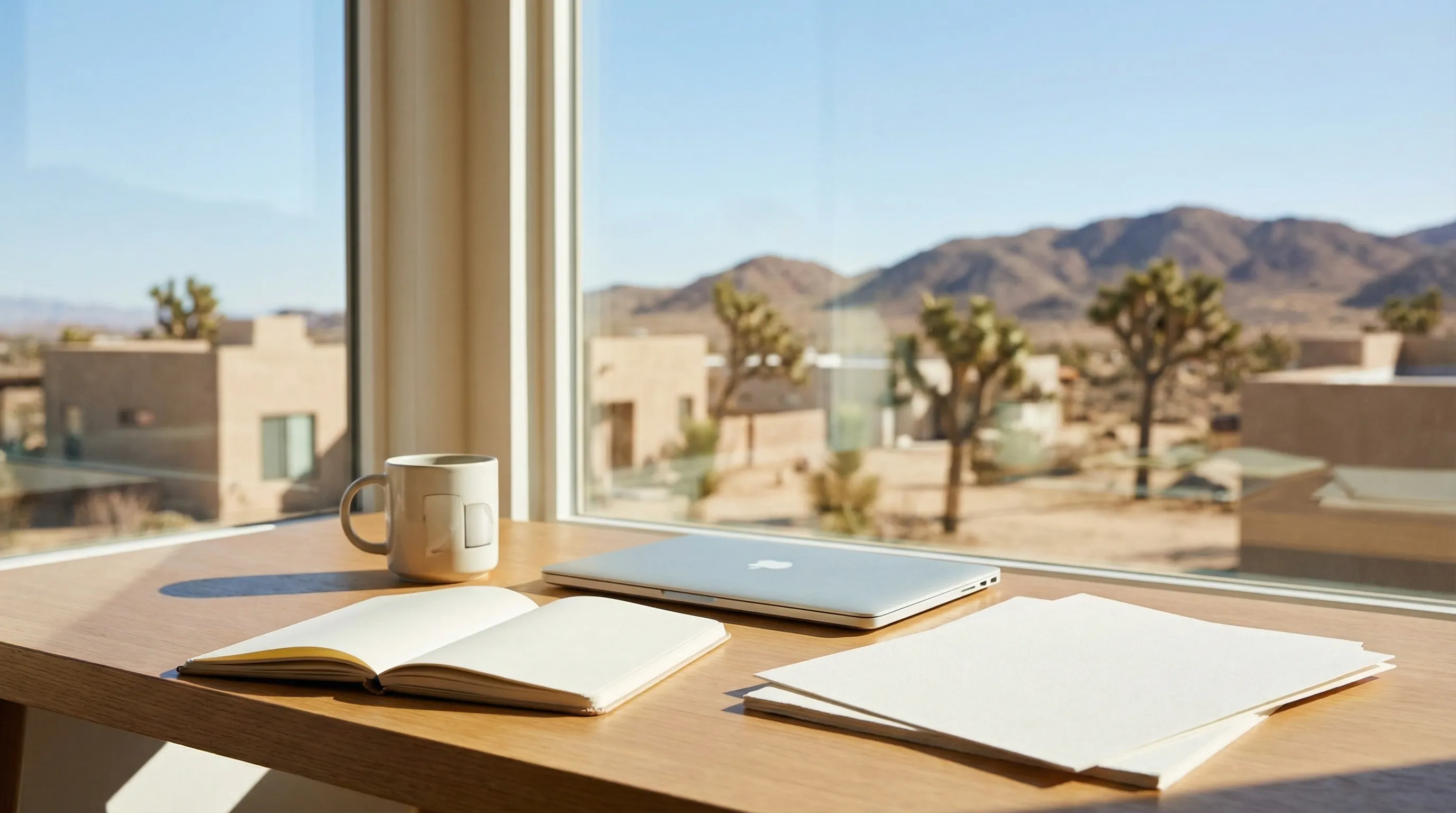 Real estate agent in business casual attire standing near the entry of a stucco home with desert landscaping in Lancaster, CA, with Antelope Valley mountain foothills visible in the background