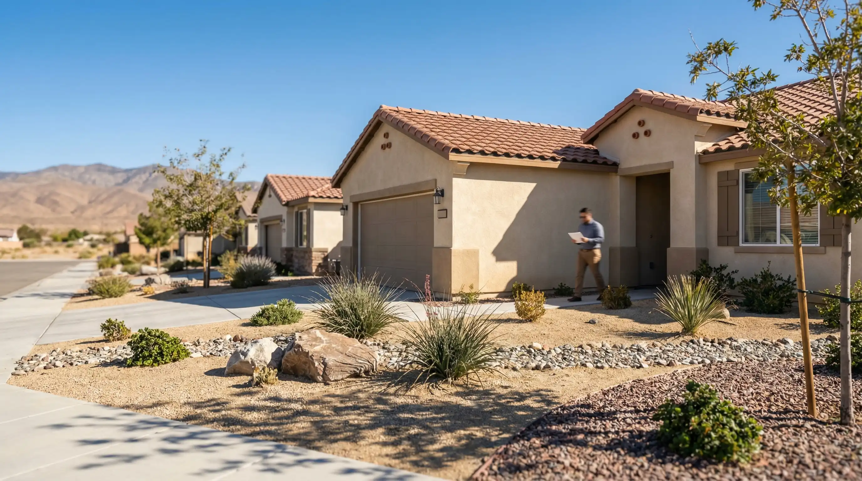 Real estate agent in business casual attire standing near the entry of a stucco home with desert landscaping in Lancaster, CA, with Antelope Valley mountain foothills visible in the background