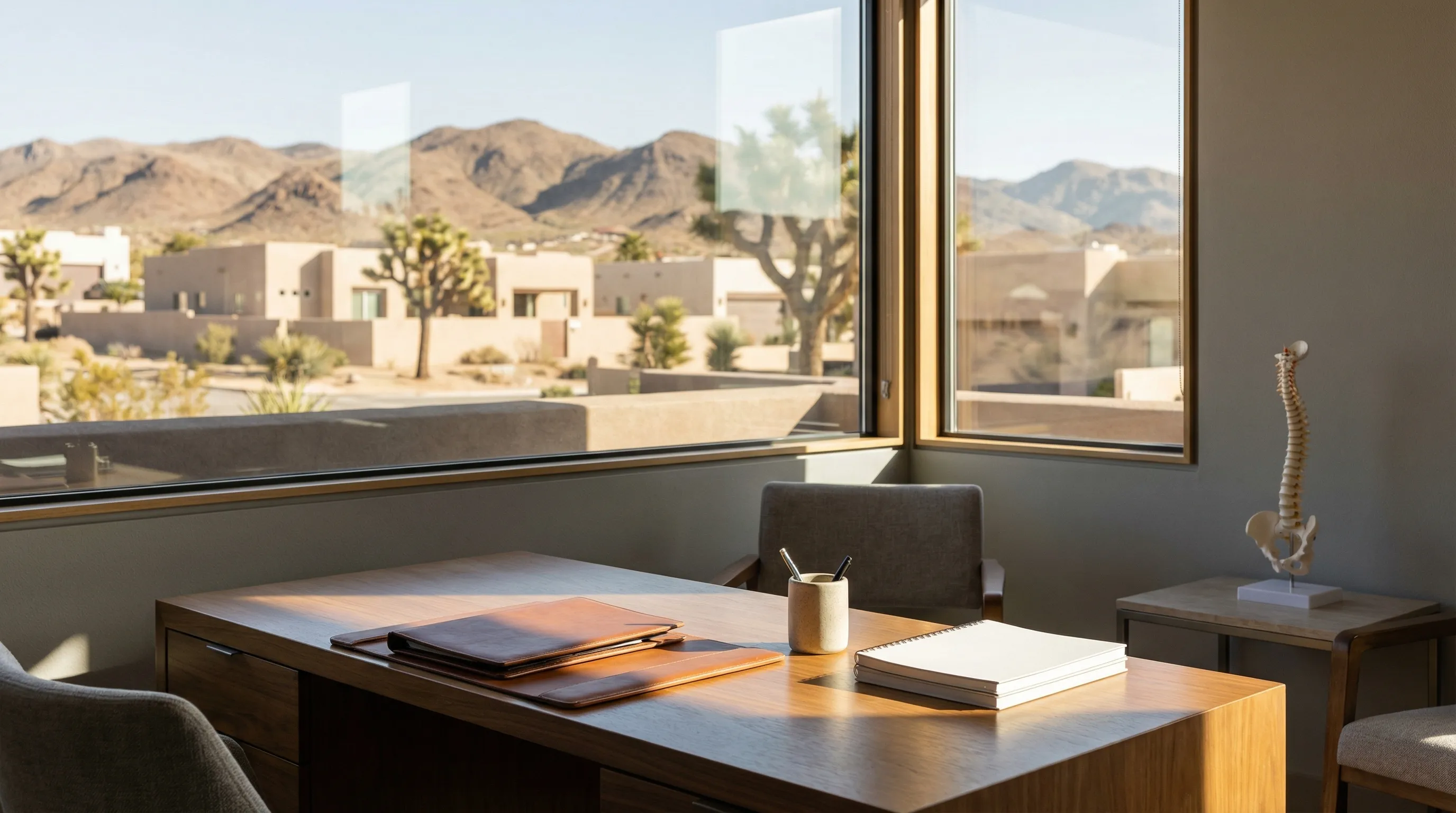 Professional personal injury attorney in business attire standing outside a clean commercial law office on a Lancaster, CA main road with clear Mojave desert sky and palm trees in background