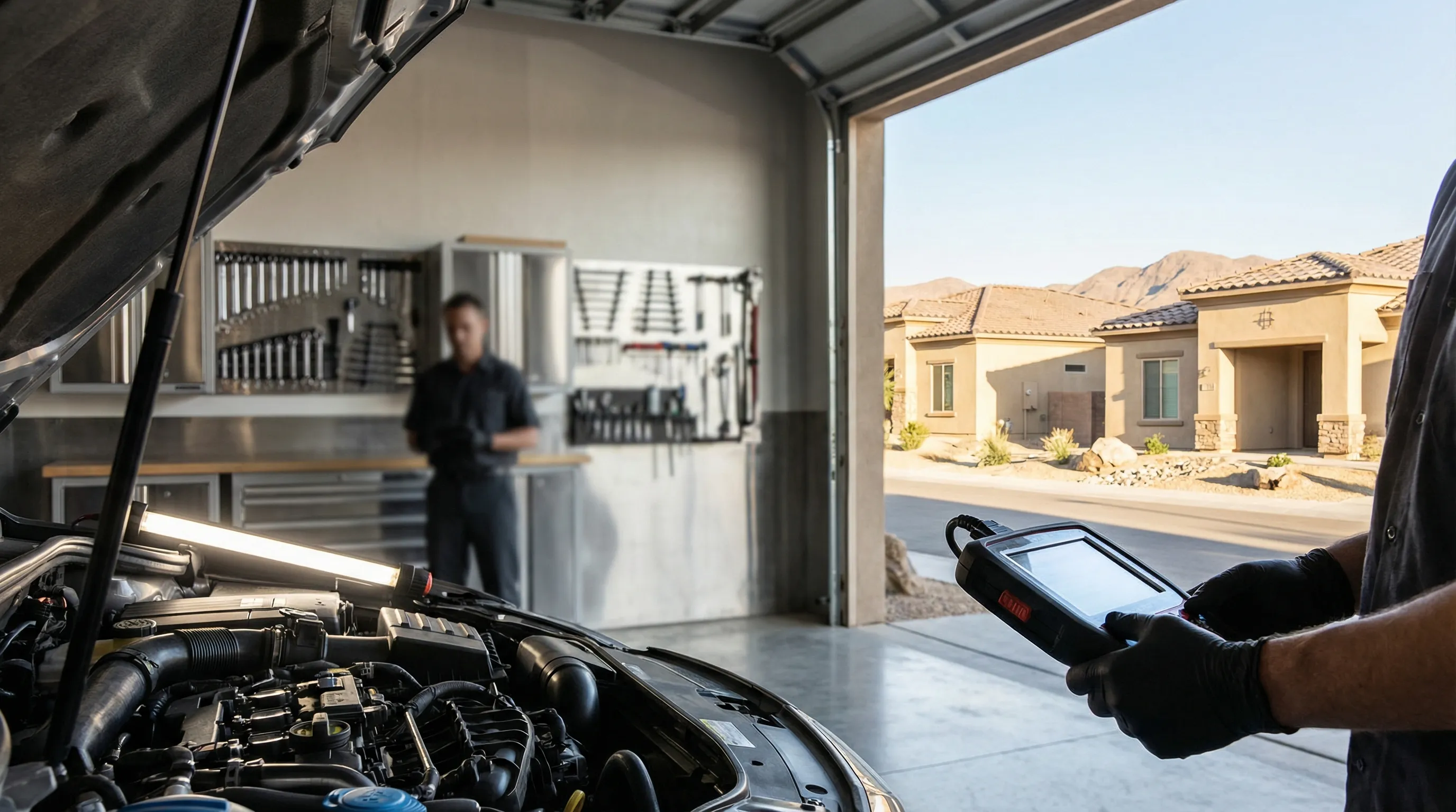 Auto repair mechanic in shop uniform crouching beside an open engine bay with a diagnostic scanner at an independent repair shop in Lancaster, CA, customer visible in background
