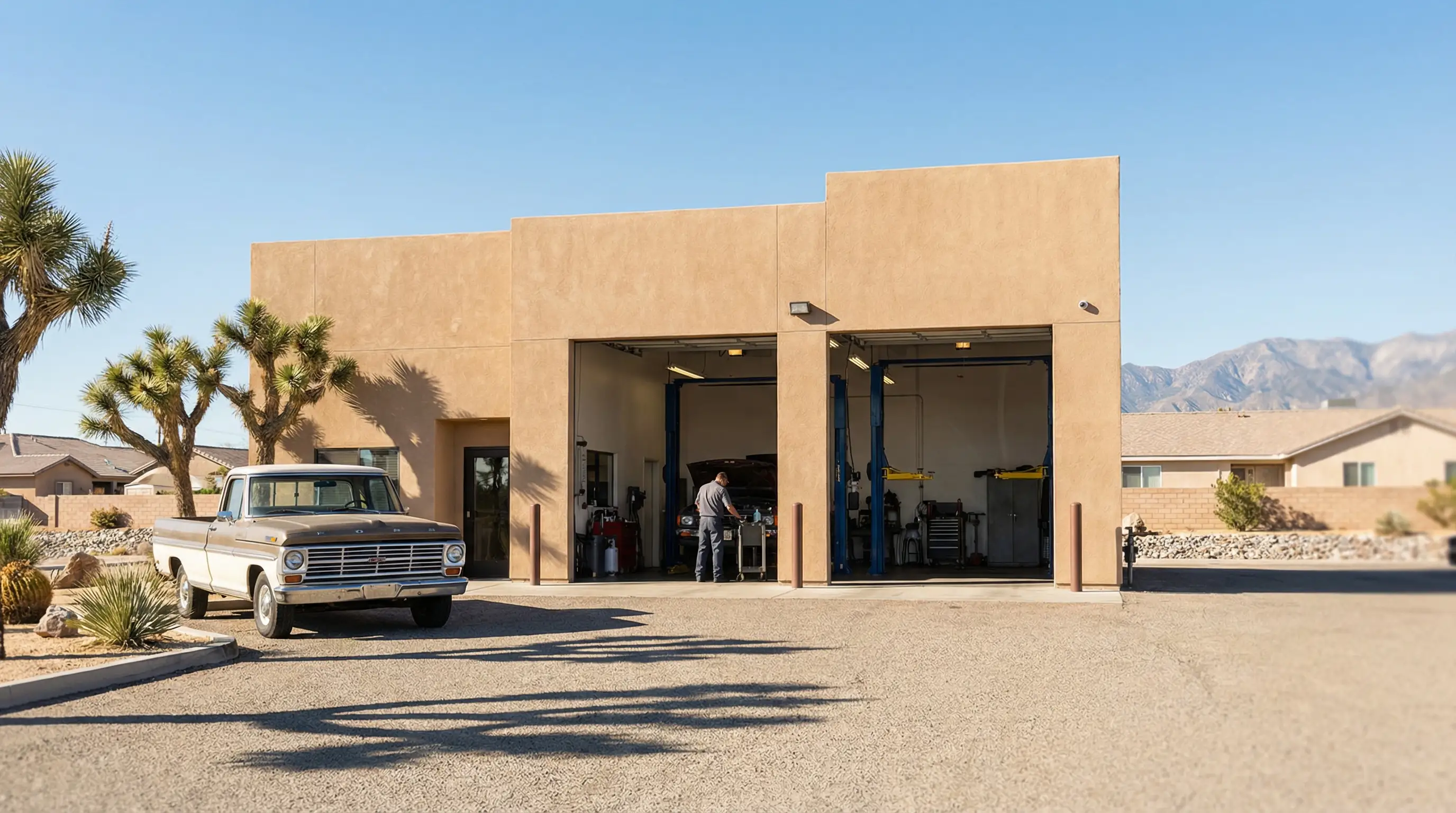 Auto repair mechanic in shop uniform crouching beside an open engine bay with a diagnostic scanner at an independent repair shop in Lancaster, CA, customer visible in background