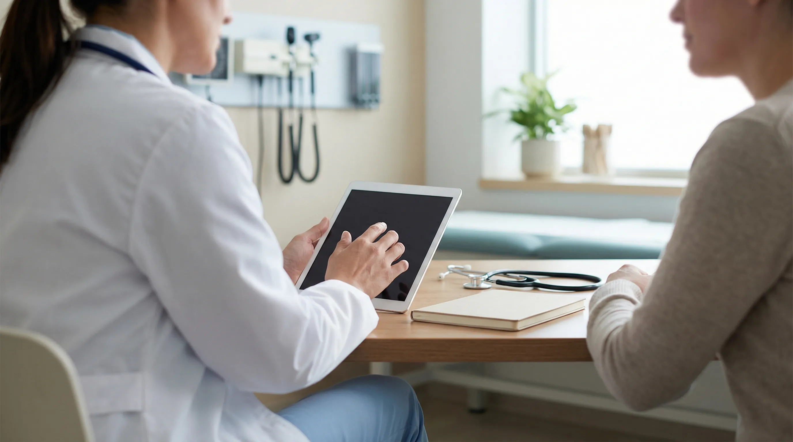 Physician in white coat reviewing patient information on a tablet with an attentive patient in a clean modern exam room at a Lancaster, CA medical practice, warm professional lighting