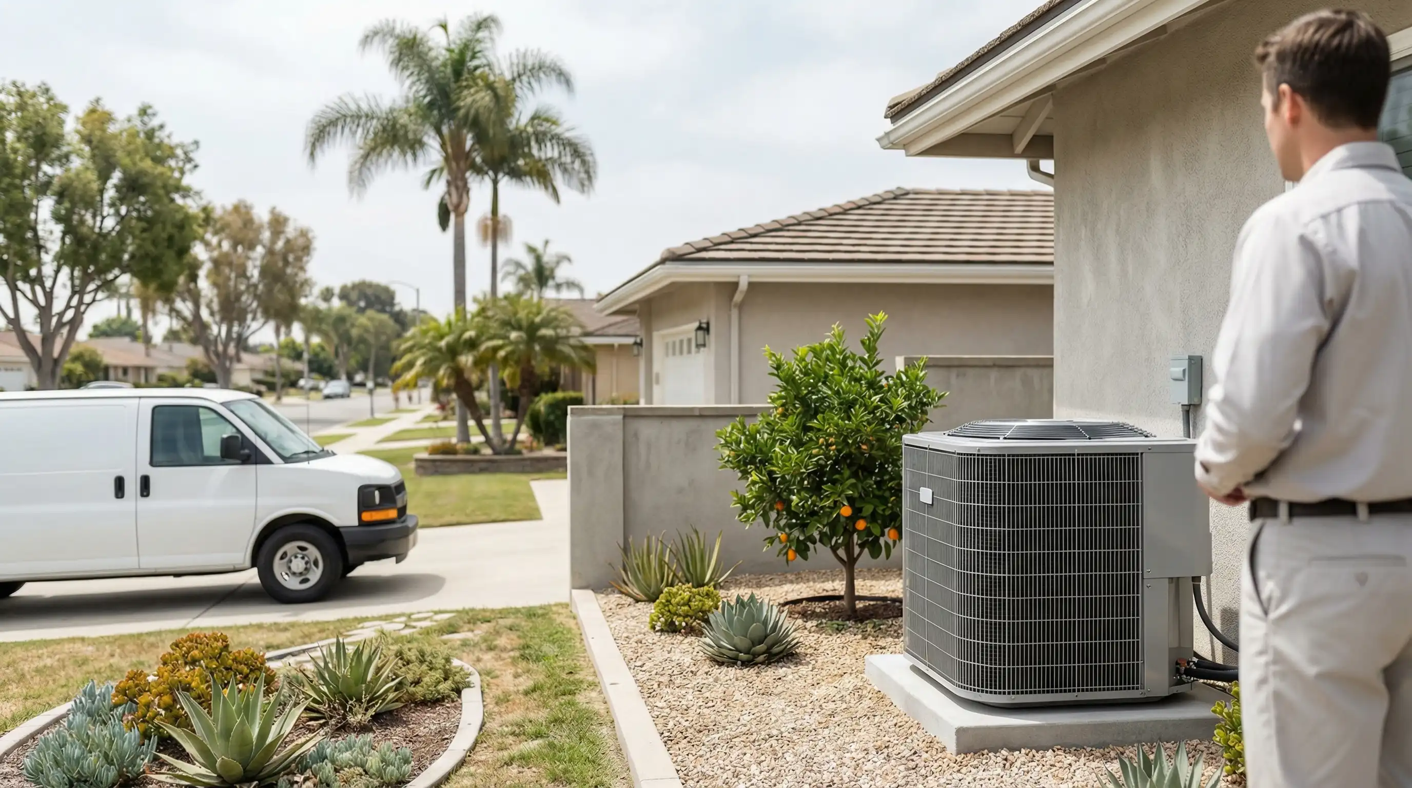 Professional HVAC technician installing a central air conditioning system at a 1970s ranch-style home in Garden Grove, CA