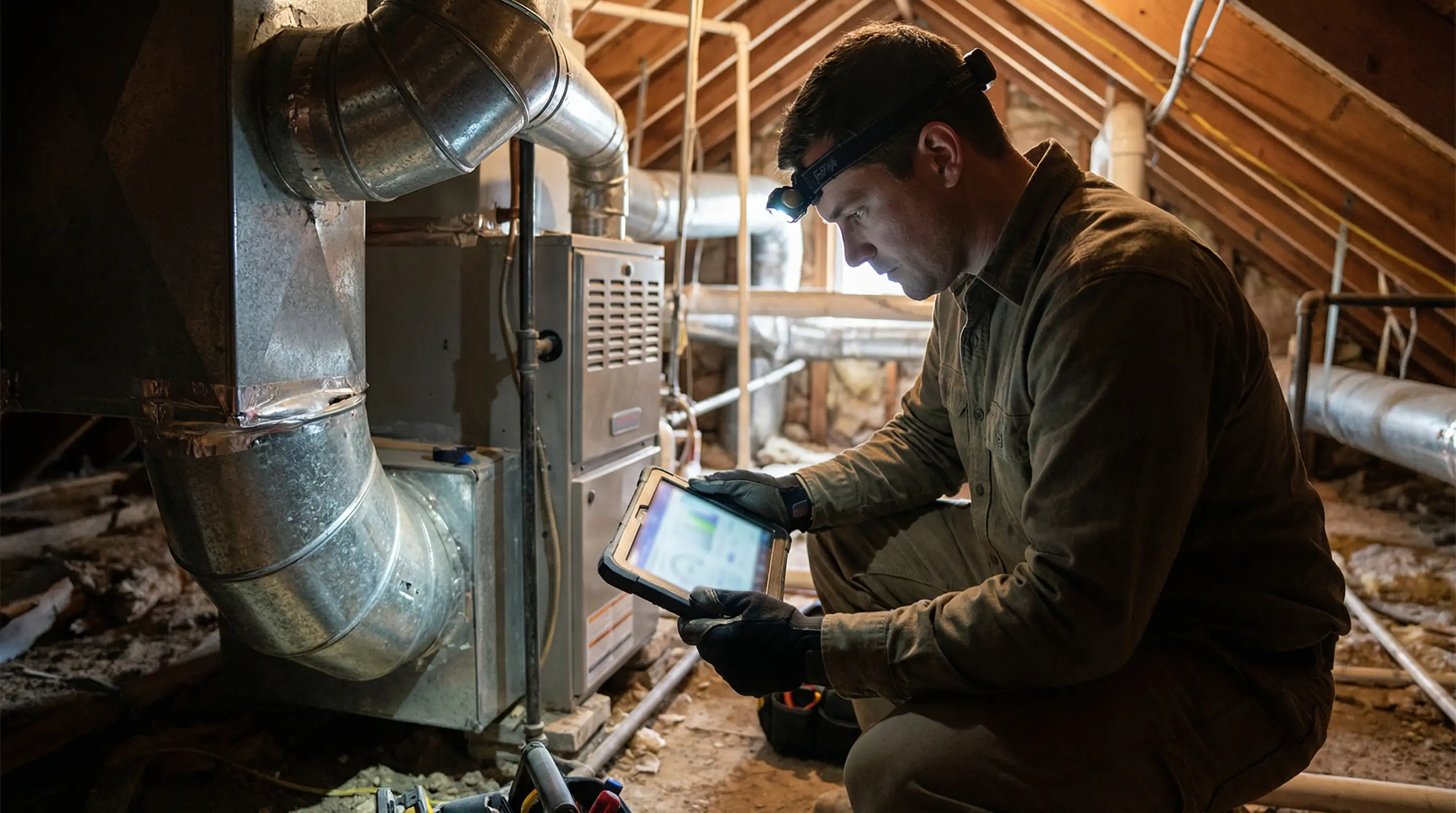 Professional HVAC technician installing a central air conditioning system at a 1970s ranch-style home in Garden Grove, CA