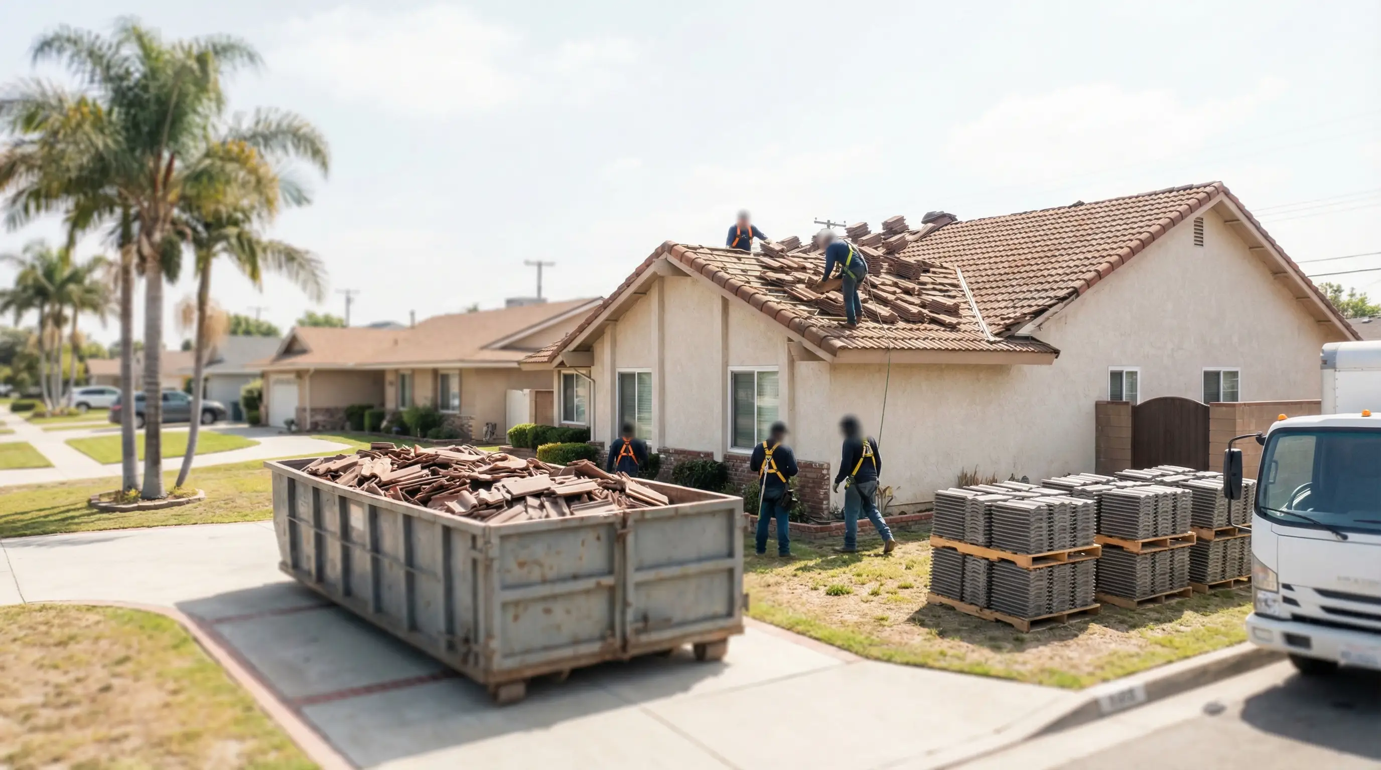 Professional roofer laying new clay tile on a 1970s residential home in Garden Grove, CA under bright Southern California sunlight