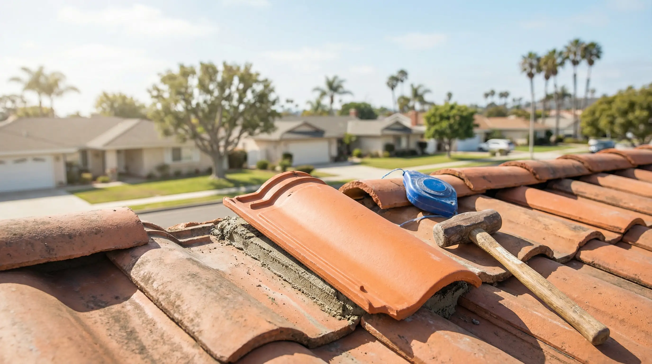 Professional roofer laying new clay tile on a 1970s residential home in Garden Grove, CA under bright Southern California sunlight