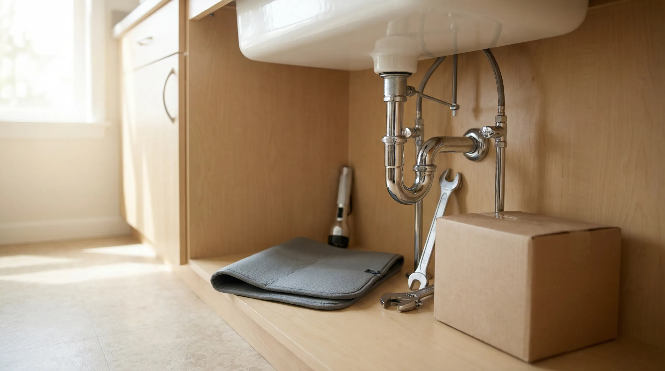 Professional plumber in uniform working under a kitchen sink in a Garden Grove, CA home, tightening pipe fittings with precision tools